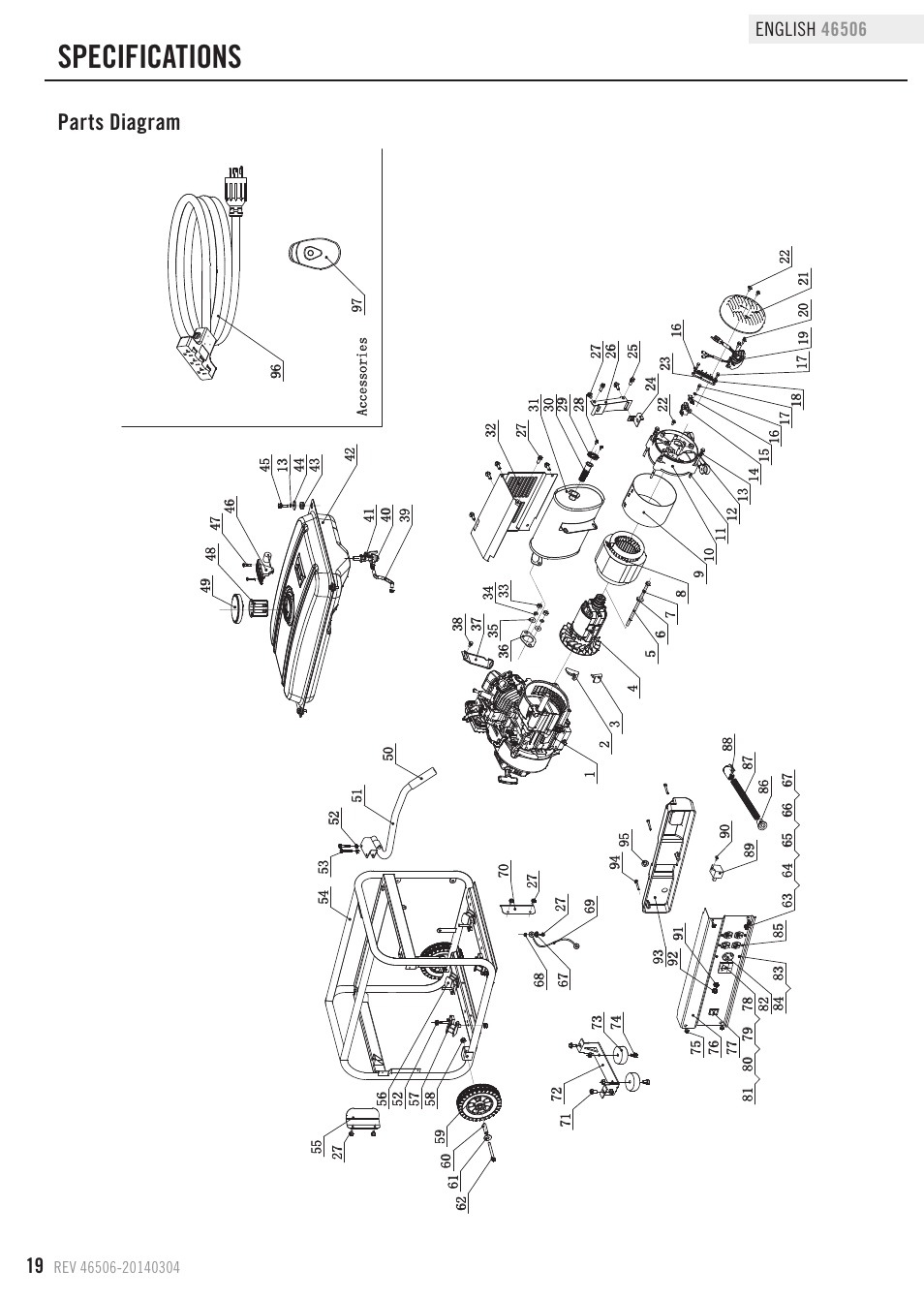 Specifications, Parts diagram | Champion Power Equipment 46506 User Manual | Page 22 / 30