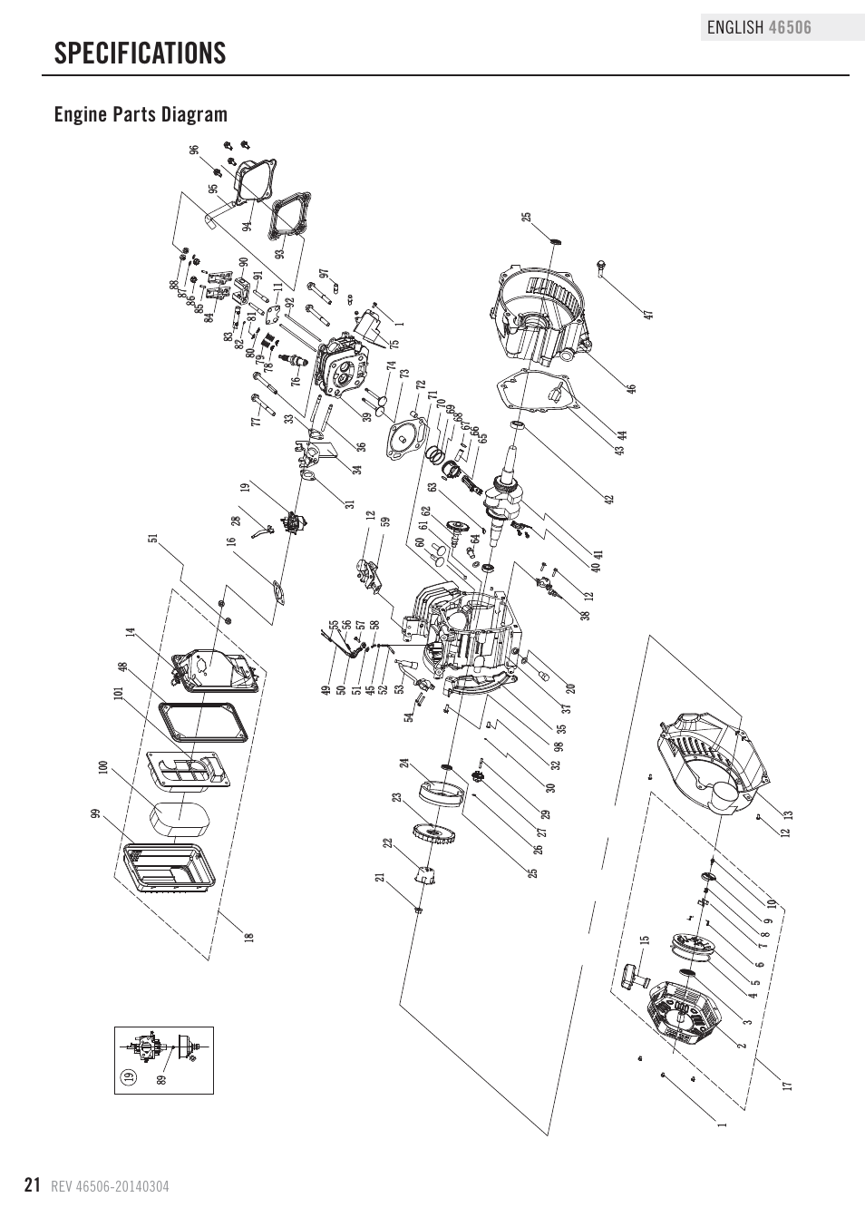 Specifications, Engine parts diagram | Champion Power Equipment 46506 User Manual | Page 24 / 30