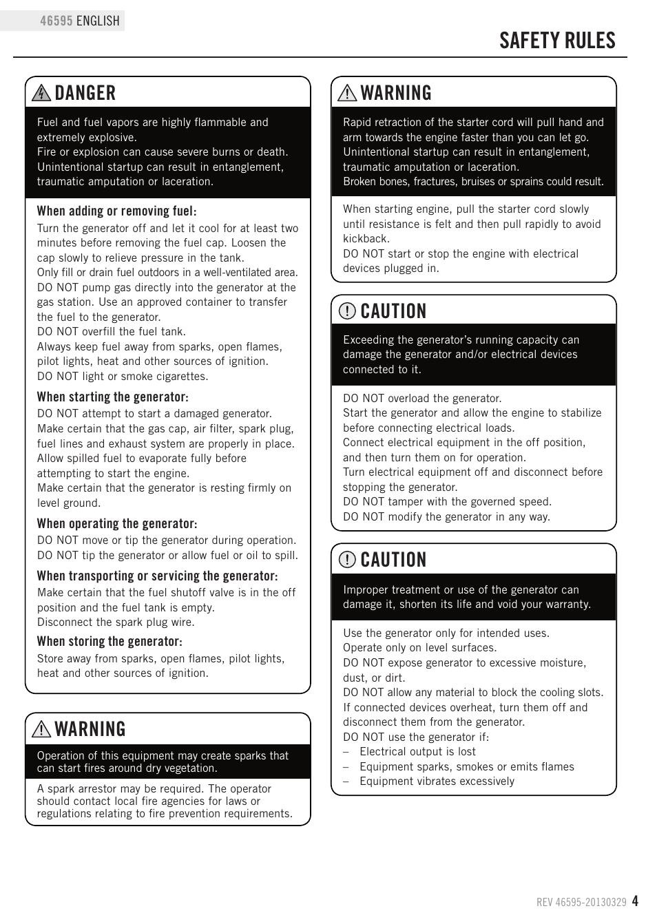 Safety rules, Caution, Warning | Danger | Champion Power Equipment 46595 User Manual | Page 7 / 30
