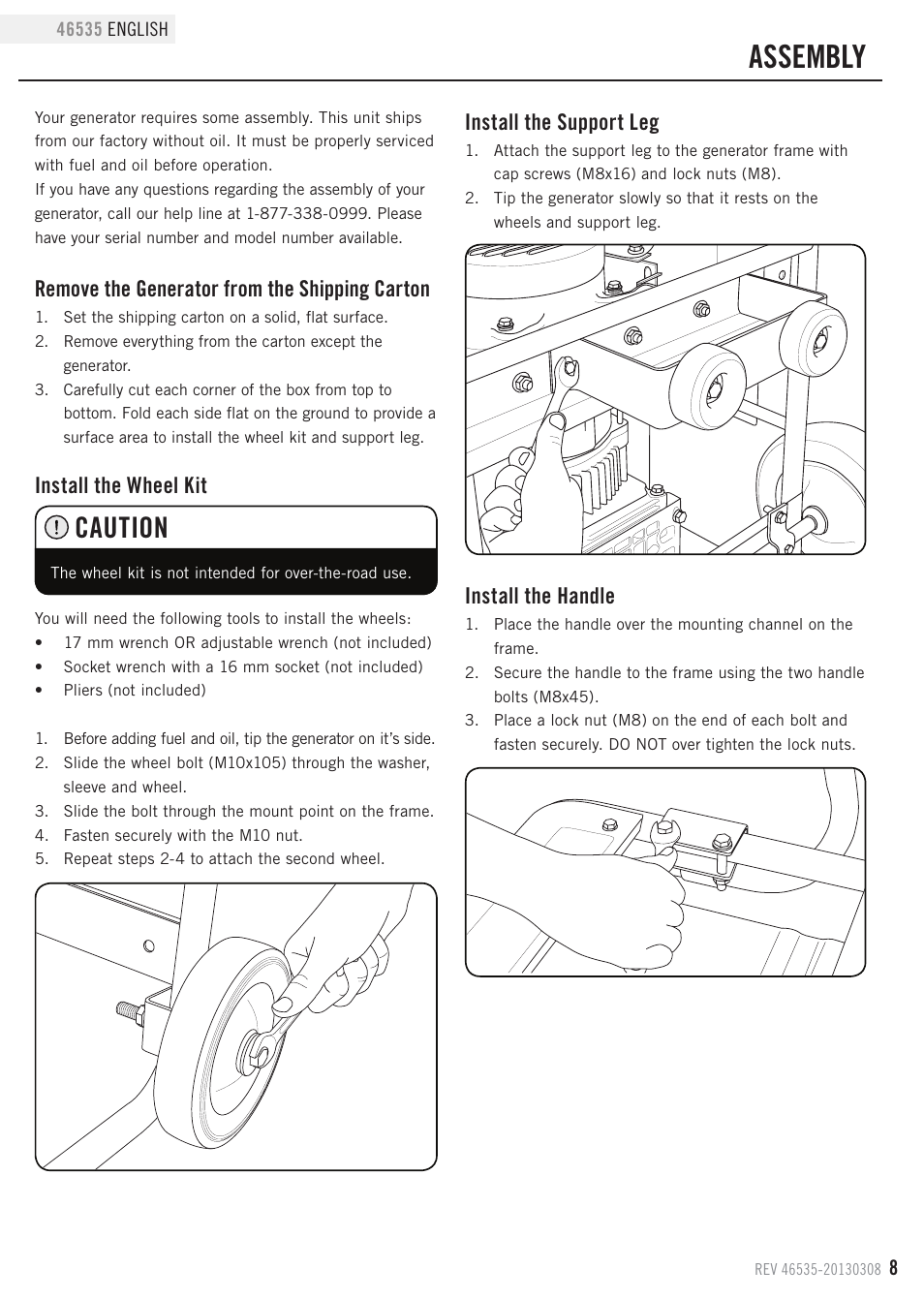 Assembly, Caution, Remove the generator from the shipping carton | Install the wheel kit, Install the support leg, Install the handle | Champion Power Equipment 46535 User Manual | Page 11 / 29