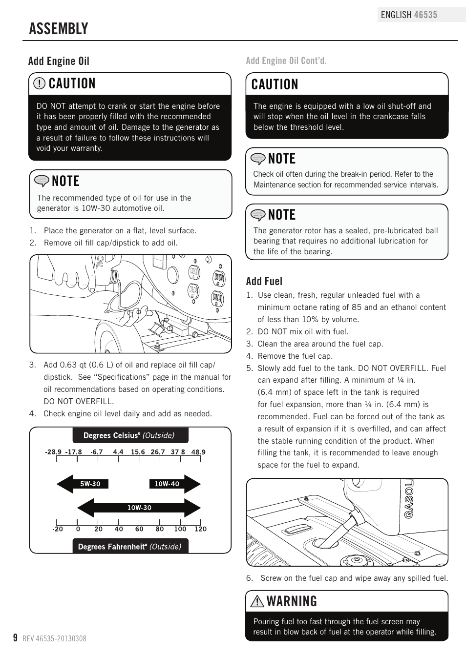 Assembly, Caution, Warning | Champion Power Equipment 46535 User Manual | Page 12 / 29