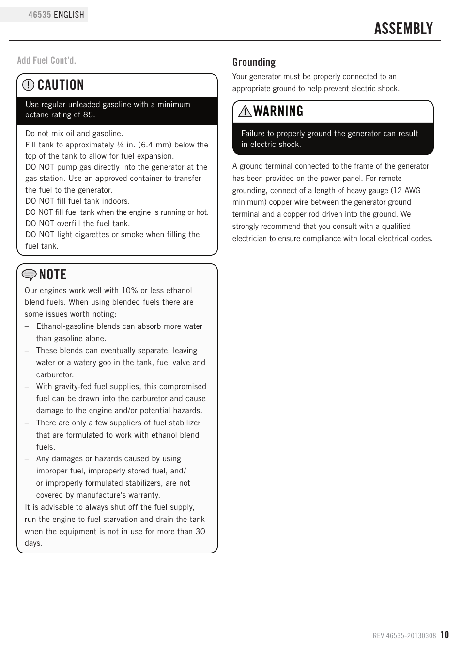 Assembly, Warning, Caution | Grounding | Champion Power Equipment 46535 User Manual | Page 13 / 29