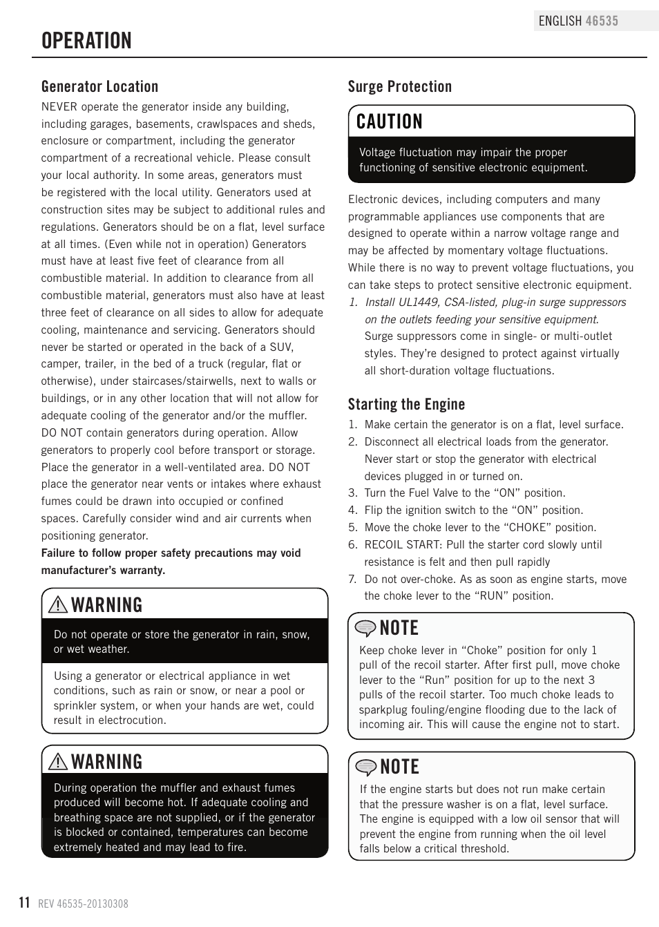 Operation, Caution, Warning | Champion Power Equipment 46535 User Manual | Page 14 / 29