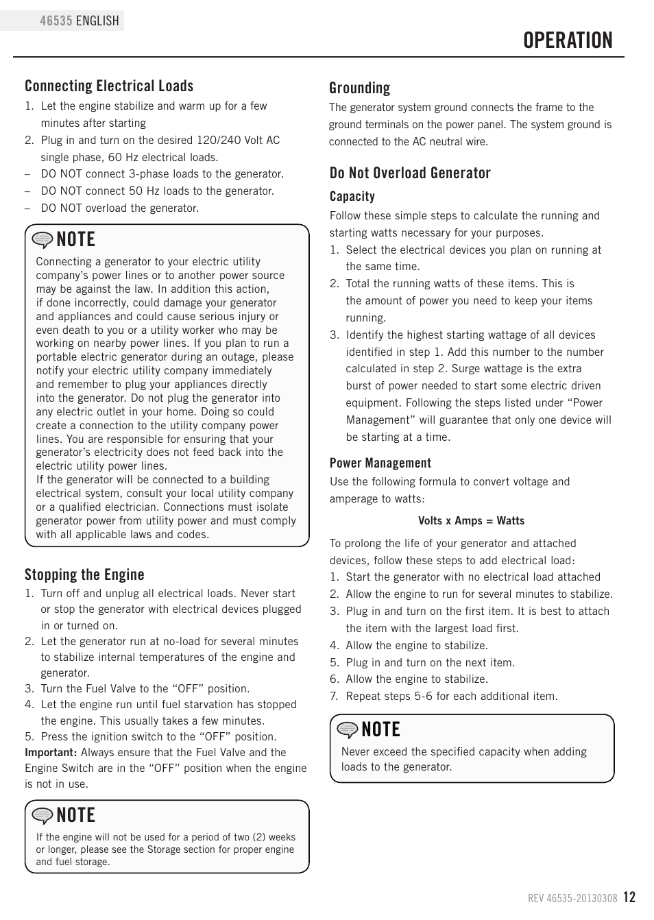 Operation, Connecting electrical loads, Do not overload generator | Stopping the engine, Grounding | Champion Power Equipment 46535 User Manual | Page 15 / 29