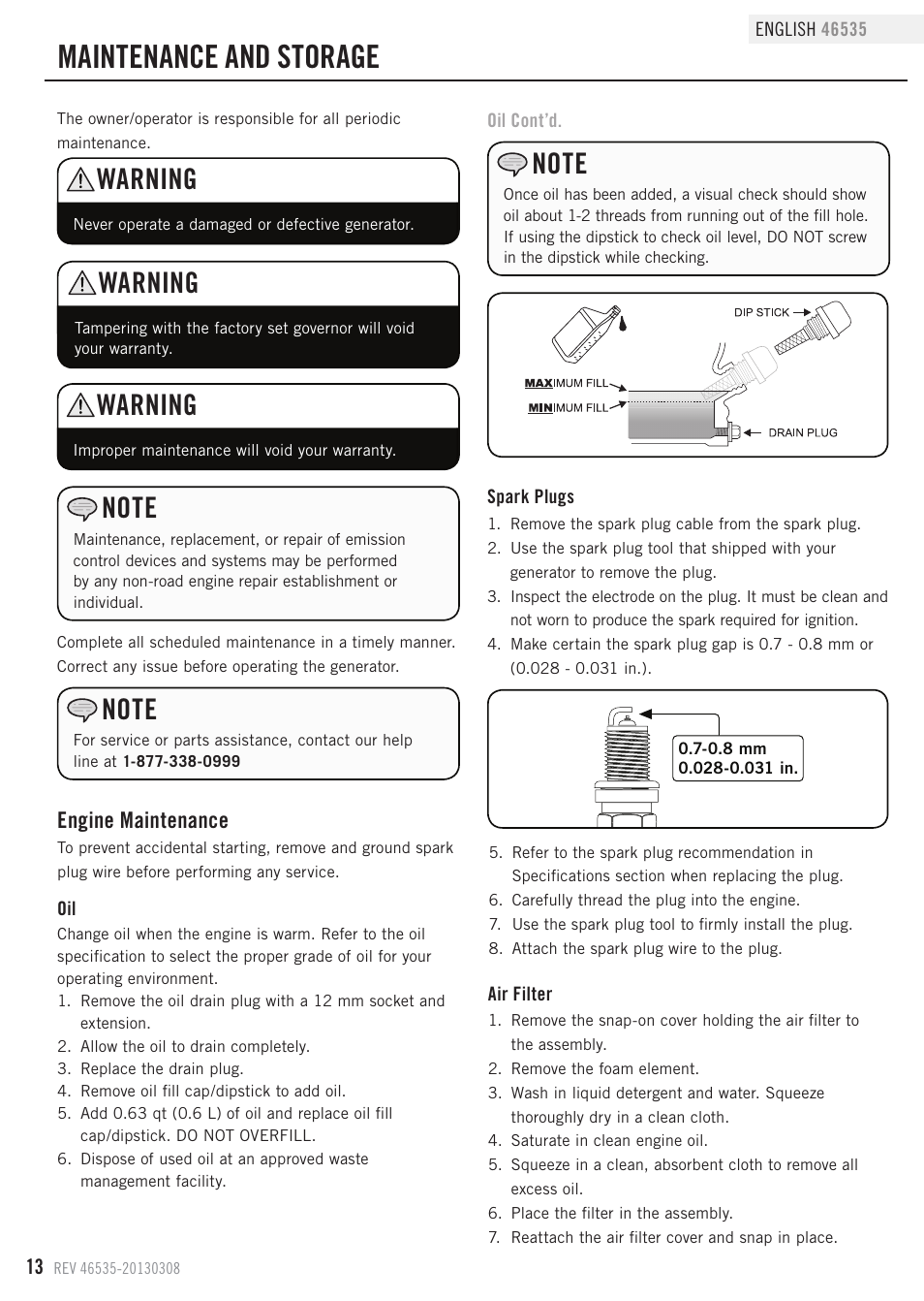 Maintenance and storage, Warning, Engine maintenance | Champion Power Equipment 46535 User Manual | Page 16 / 29