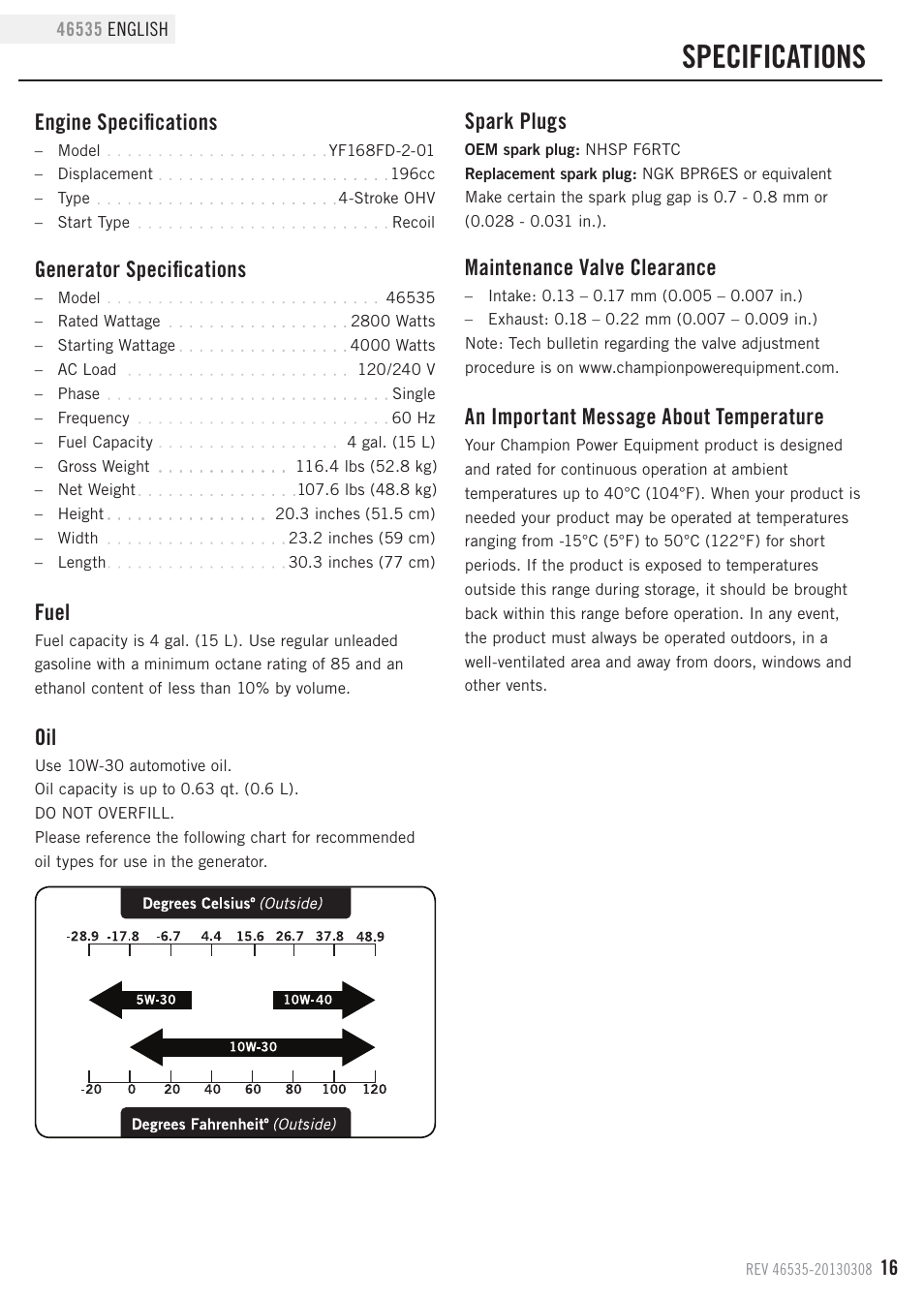 Specifications, Engine specifications, Fuel | Generator specifications, Maintenance valve clearance, Spark plugs, An important message about temperature | Champion Power Equipment 46535 User Manual | Page 19 / 29