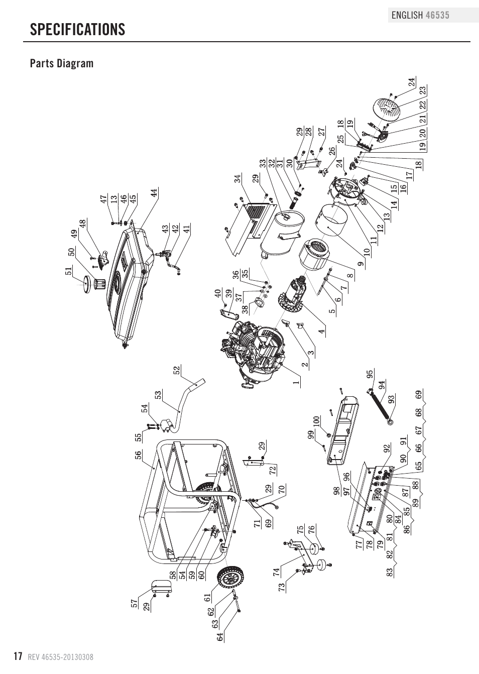 Specifications, Parts diagram | Champion Power Equipment 46535 User Manual | Page 20 / 29