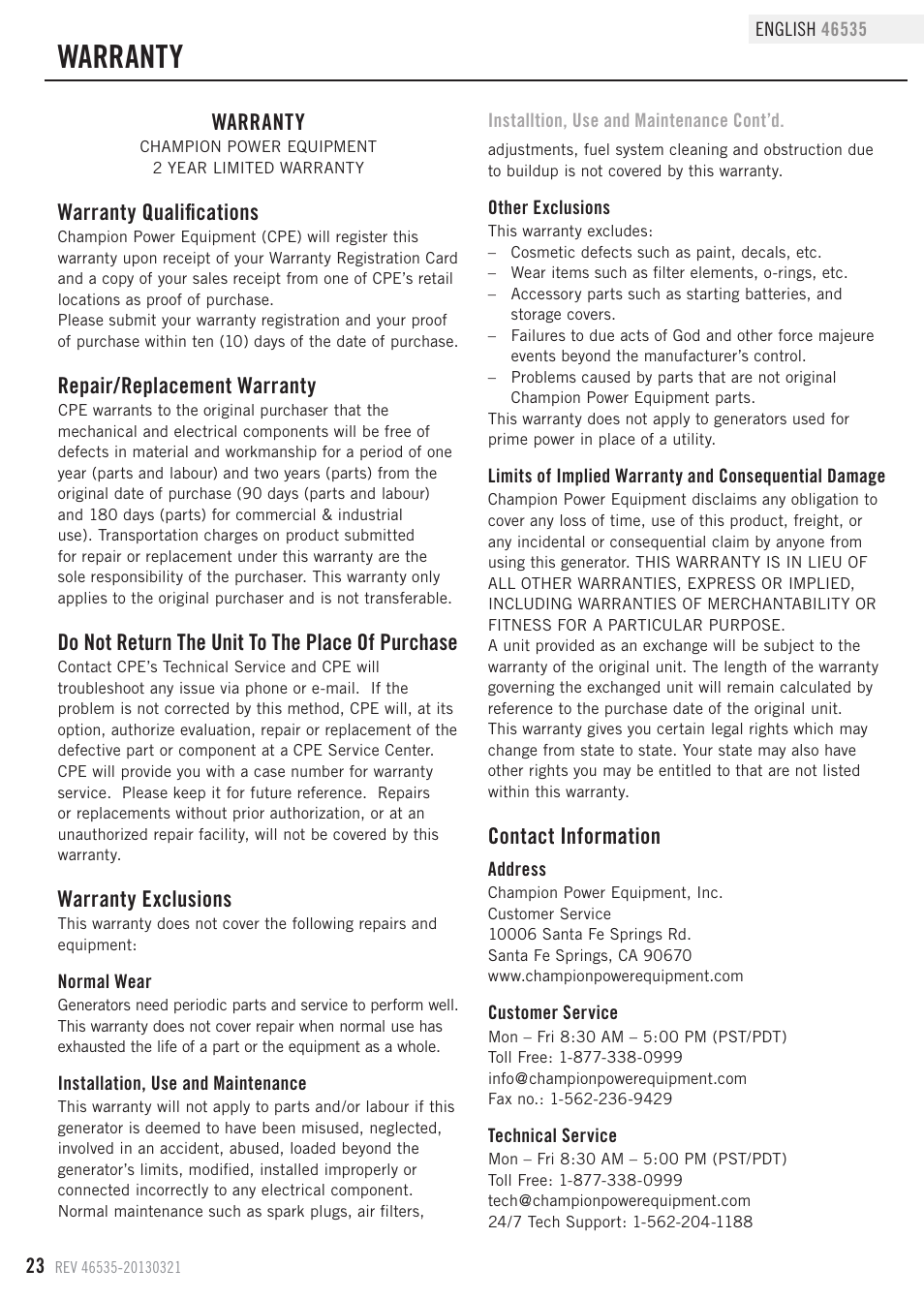 Warranty, Warranty qualifications, Repair/replacement warranty | Do not return the unit to the place of purchase, Warranty exclusions, Contact information | Champion Power Equipment 46535 User Manual | Page 26 / 29