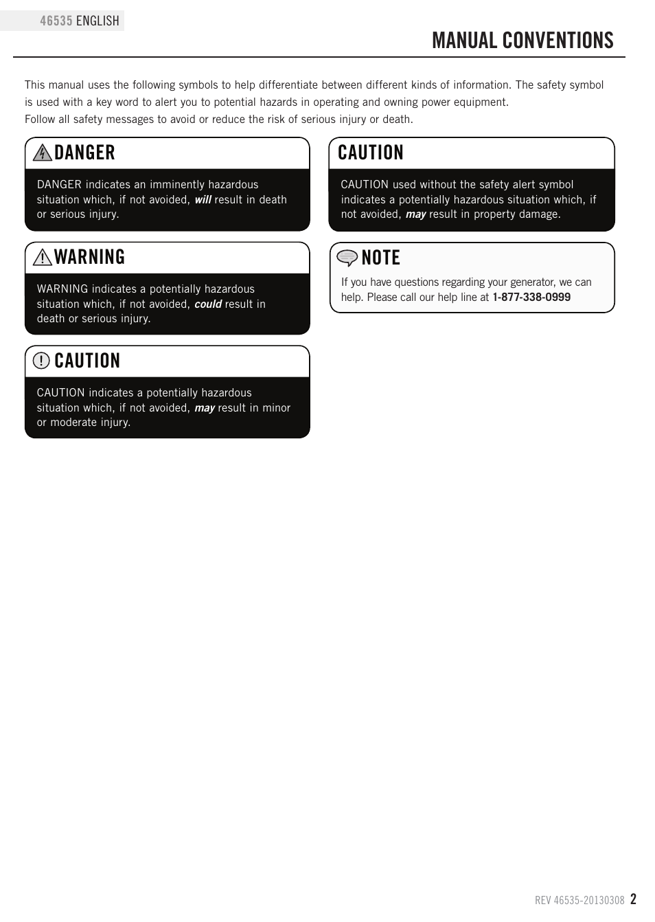 Manual conventions, Caution, Danger | Warning | Champion Power Equipment 46535 User Manual | Page 5 / 29