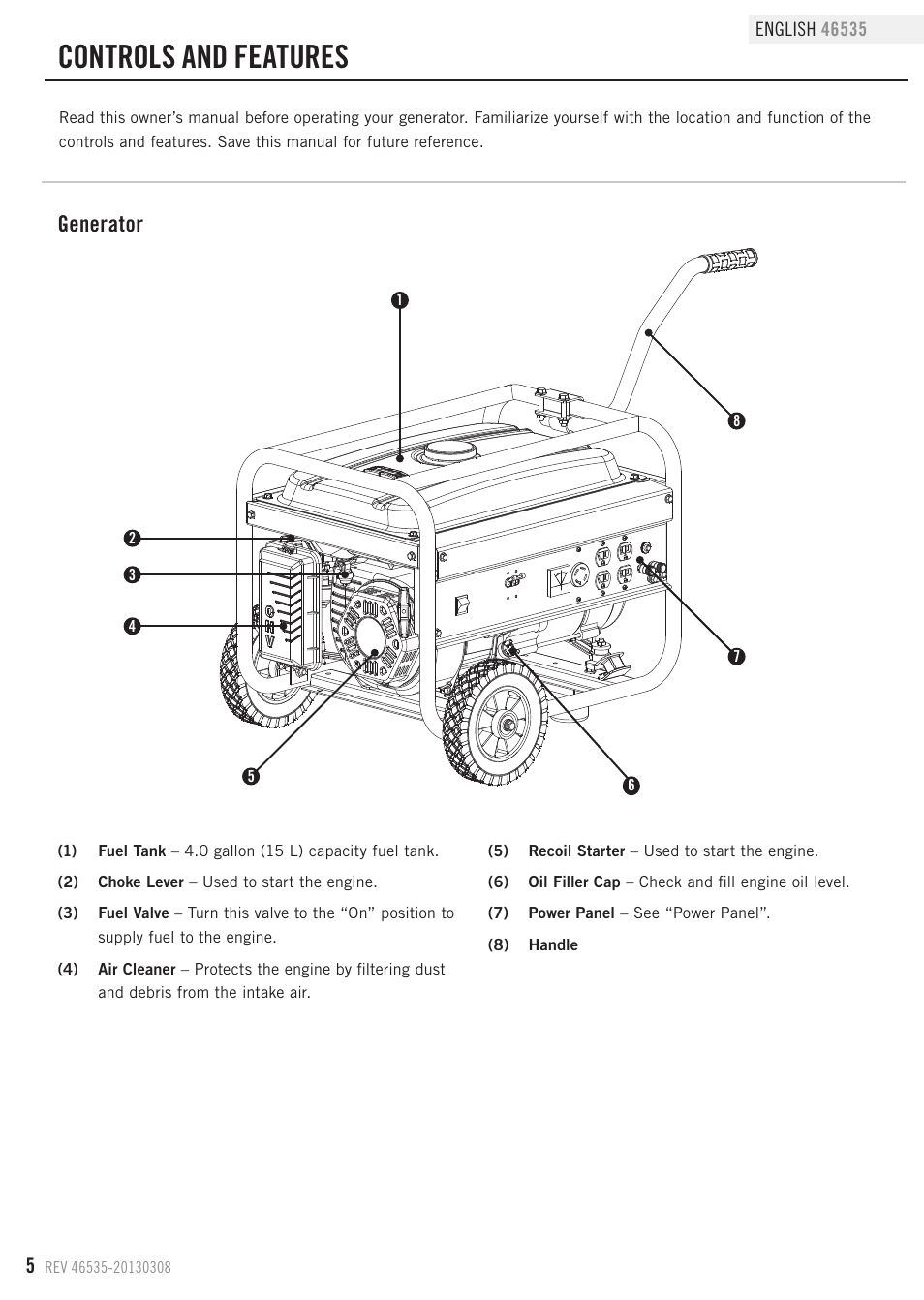 Controls and features, Generator | Champion Power Equipment 46535 User Manual | Page 8 / 29