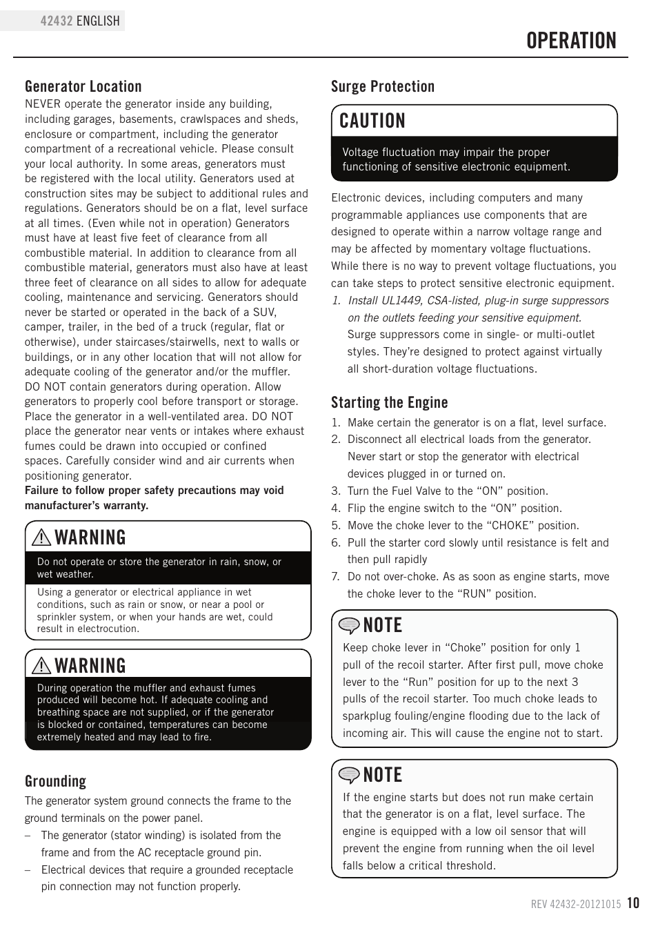 Operation, Caution, Warning | Surge protection, Starting the engine, Grounding, Generator location | Champion Power Equipment 42432 User Manual | Page 13 / 28