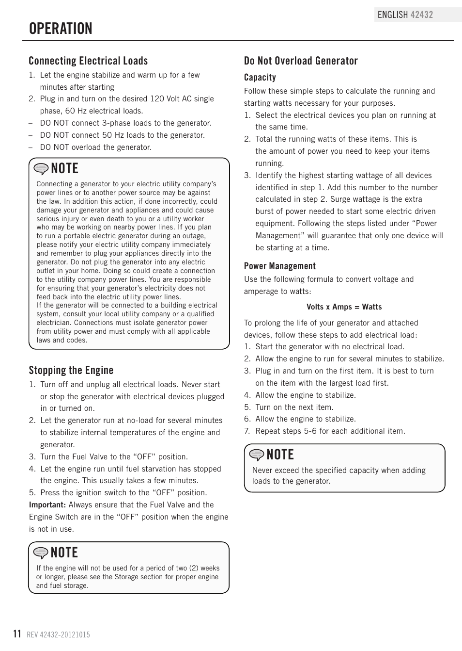 Operation, Do not overload generator, Connecting electrical loads | Stopping the engine | Champion Power Equipment 42432 User Manual | Page 14 / 28