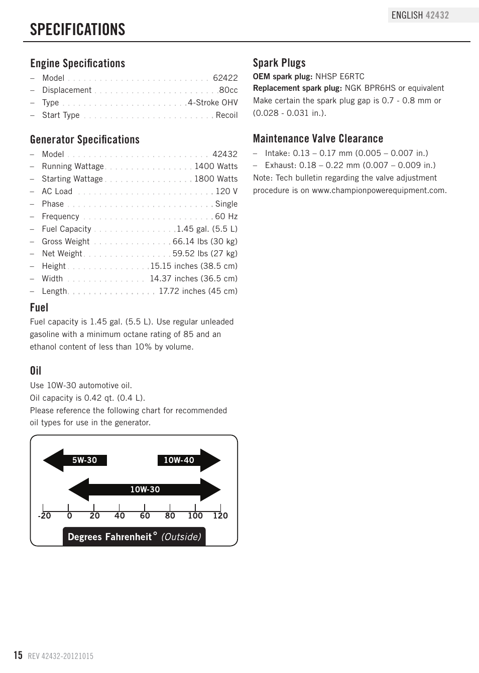 Specifications, Fuel, Generator specifications | Maintenance valve clearance, Spark plugs, Engine specifications | Champion Power Equipment 42432 User Manual | Page 18 / 28