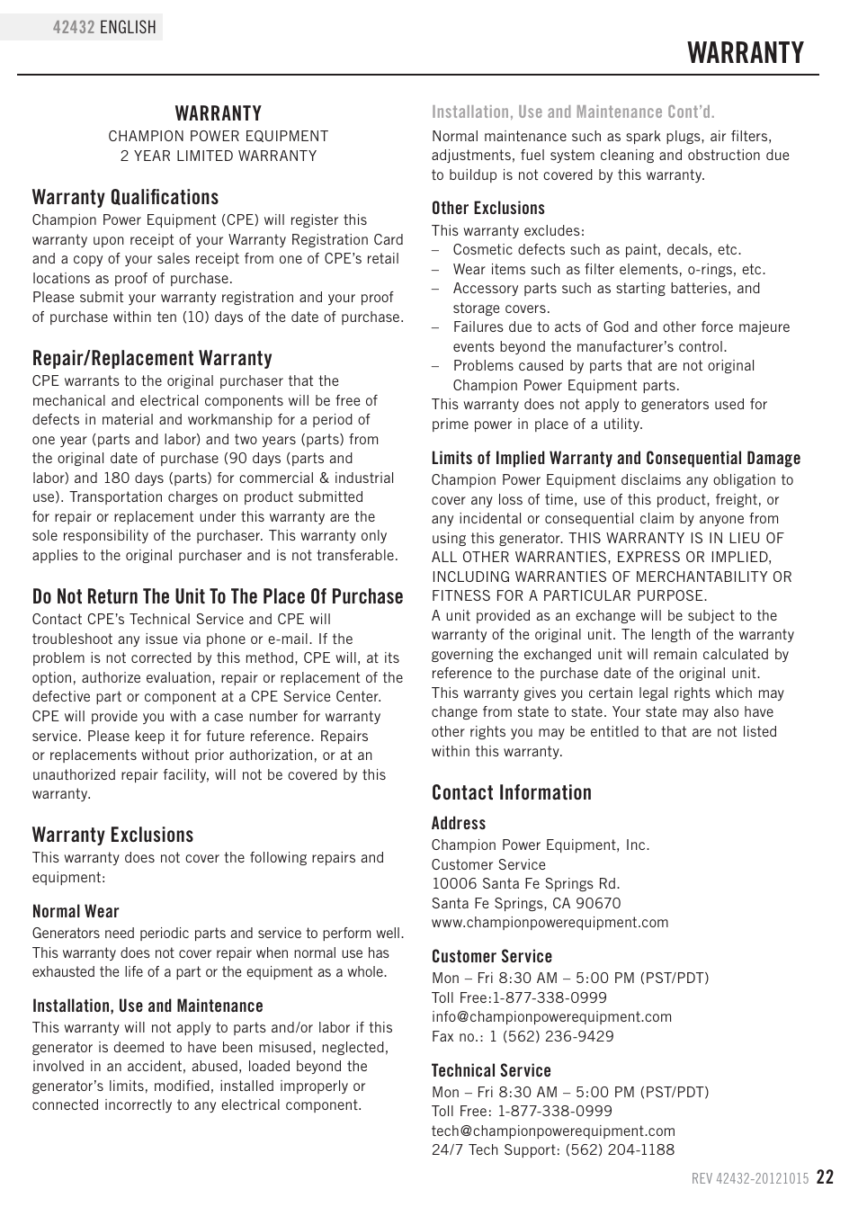 Warranty, Warranty qualifications, Repair/replacement warranty | Do not return the unit to the place of purchase, Warranty exclusions, Contact information | Champion Power Equipment 42432 User Manual | Page 25 / 28