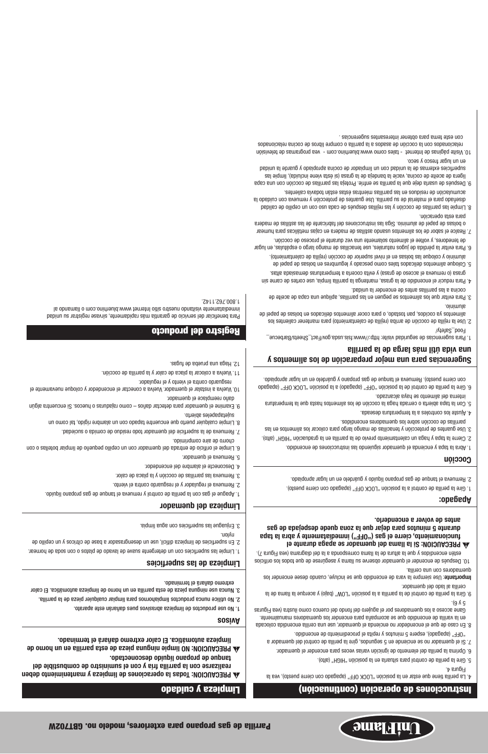 Limpieza y cuidado, Registro del producto, Instrucciones de operación (continuación) | Blue Rhino GBT702W User Manual | Page 13 / 20