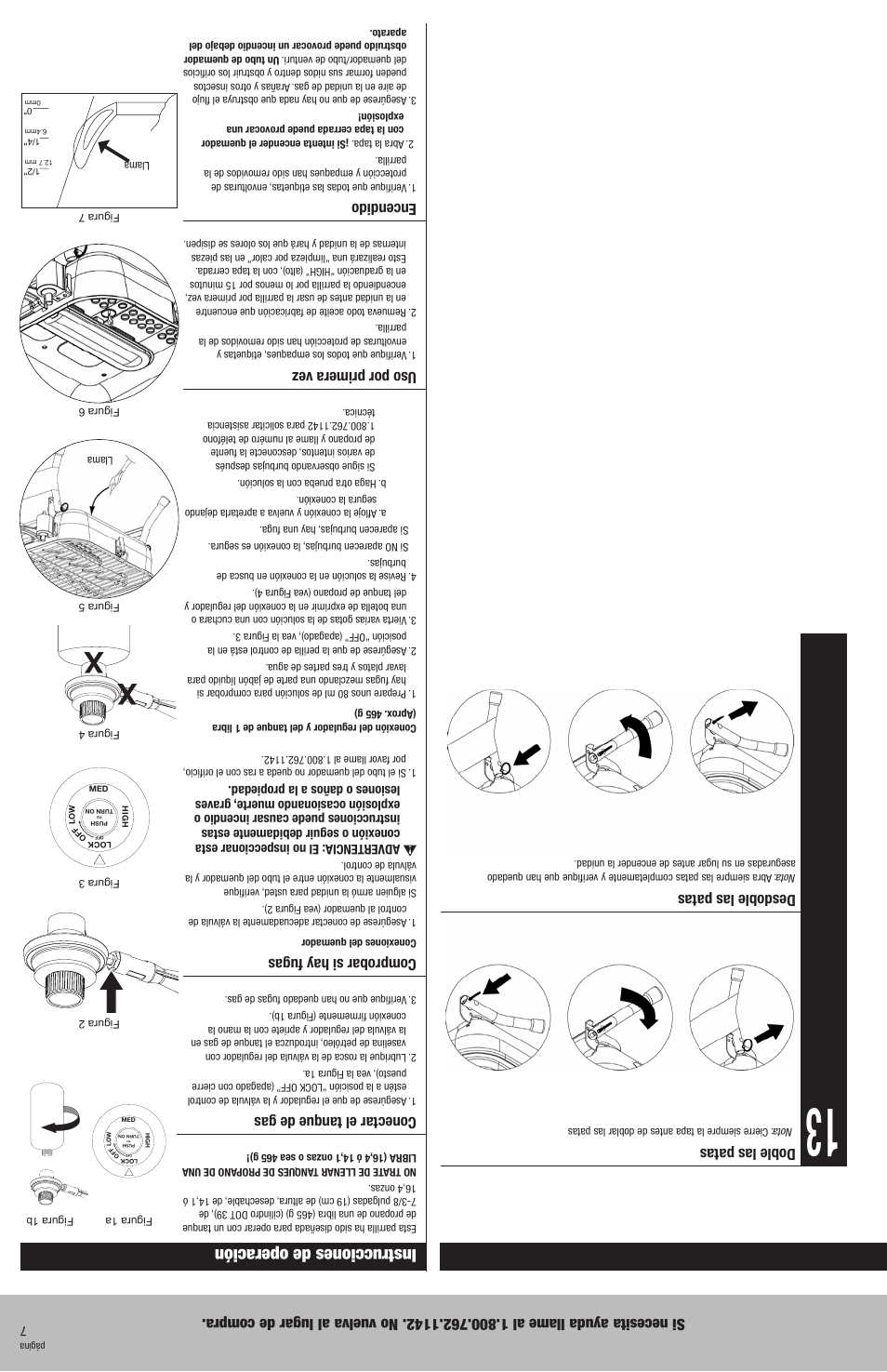 Instrucciones de operación, Doble las patas, Desdoble las patas | Conectar el tanque de gas, Comprobar si hay fugas, Uso por primera vez, Encendido | Blue Rhino GBT702W User Manual | Page 14 / 20