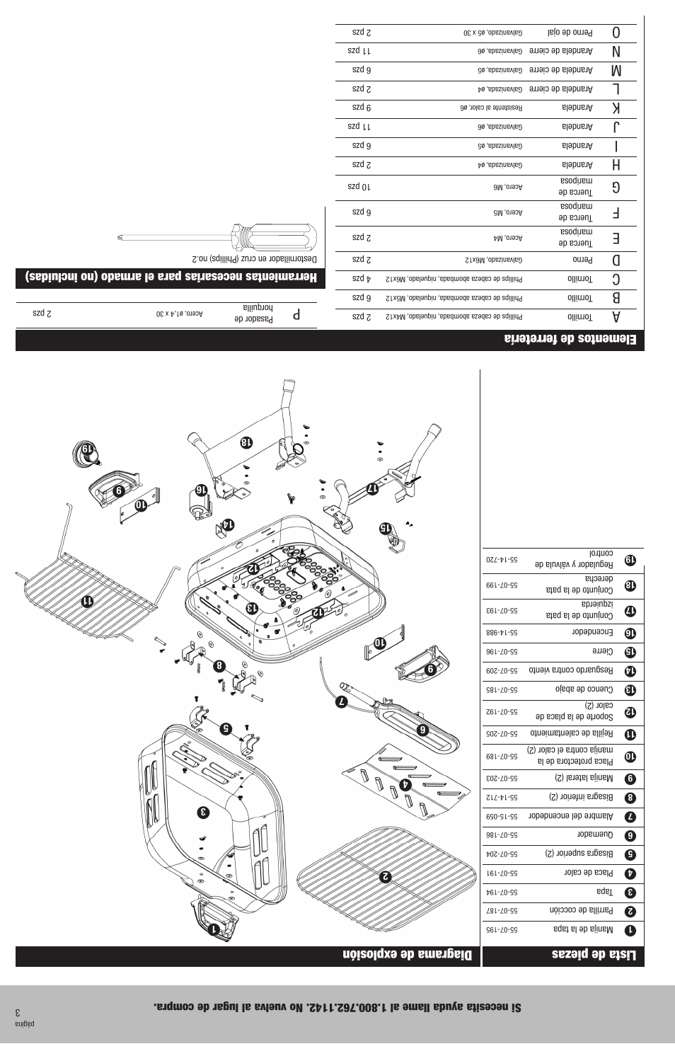 Lista de piezas, Diagrama de explosión, Elementos de ferretería | Blue Rhino GBT702W User Manual | Page 18 / 20