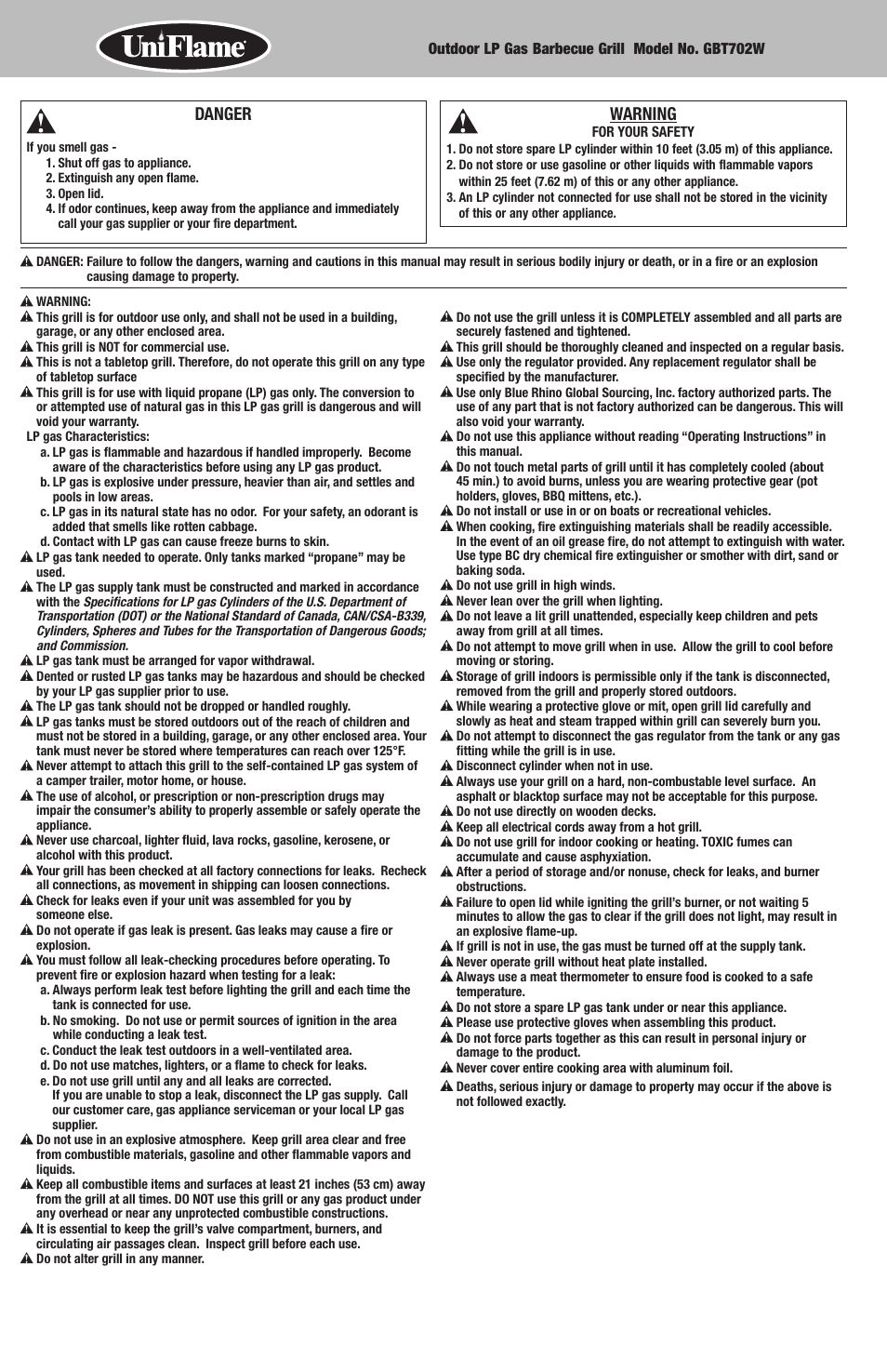 Danger, Warning | Blue Rhino GBT702W User Manual | Page 2 / 20