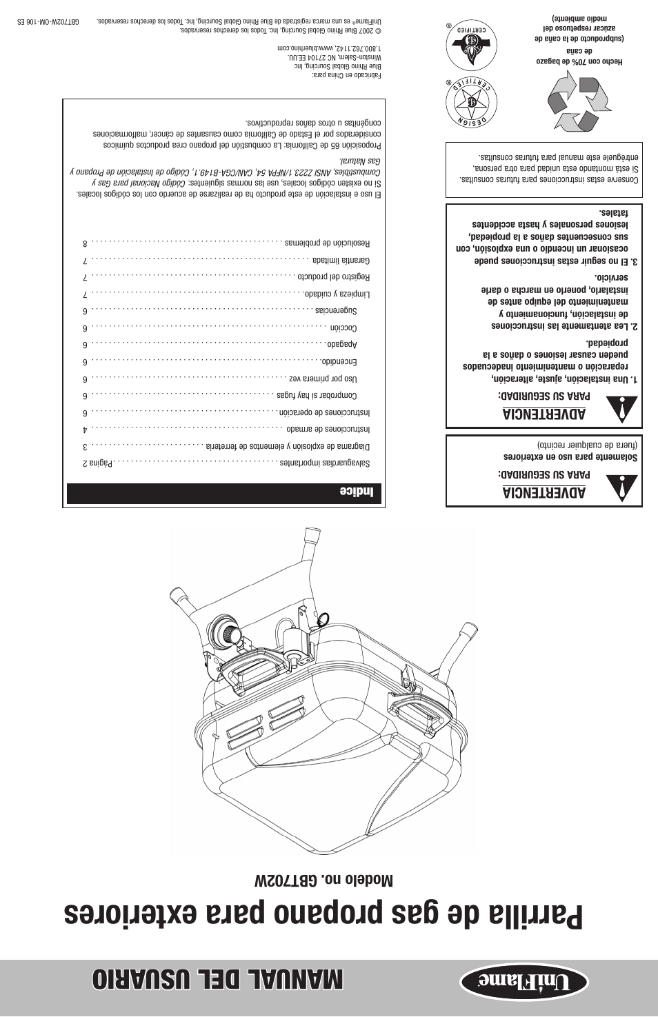 Parrilla de gas propano para e xteriores, Manual del usu ario, Modelo no. gbt702w | Advertencia, Indice | Blue Rhino GBT702W User Manual | Page 20 / 20