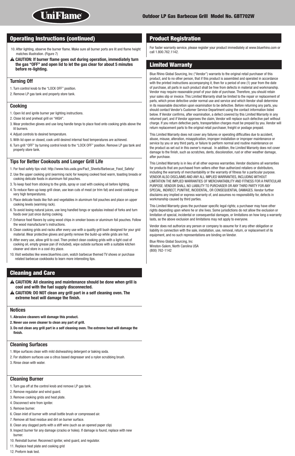 Product registration, Limited warranty, Cleaning and care | Operating instructions (continued) | Blue Rhino GBT702W User Manual | Page 8 / 20