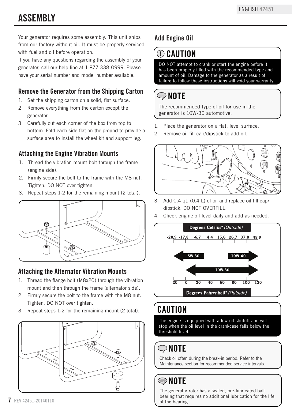 Assembly, Caution, Remove the generator from the shipping carton | Add engine oil, Attaching the engine vibration mounts, Attaching the alternator vibration mounts | Champion Power Equipment 42451 User Manual | Page 10 / 27