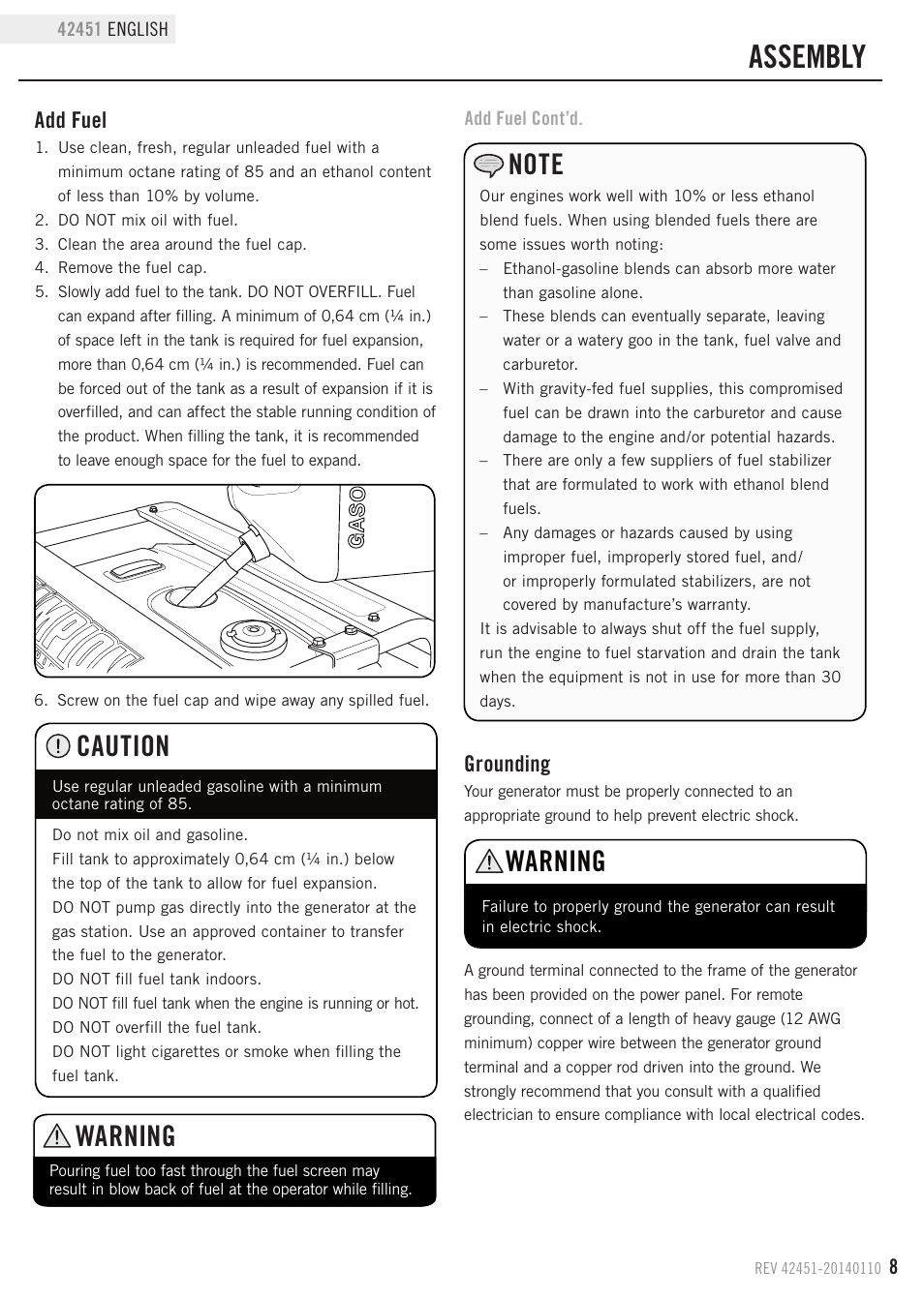 Assembly, Warning, Caution | Grounding, Add fuel | Champion Power Equipment 42451 User Manual | Page 11 / 27