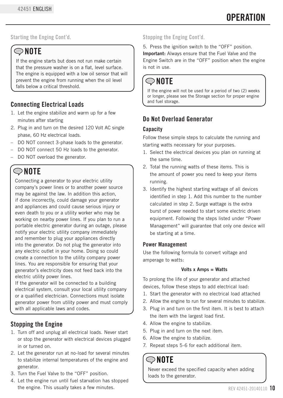 Operation, Do not overload generator, Connecting electrical loads | Stopping the engine | Champion Power Equipment 42451 User Manual | Page 13 / 27