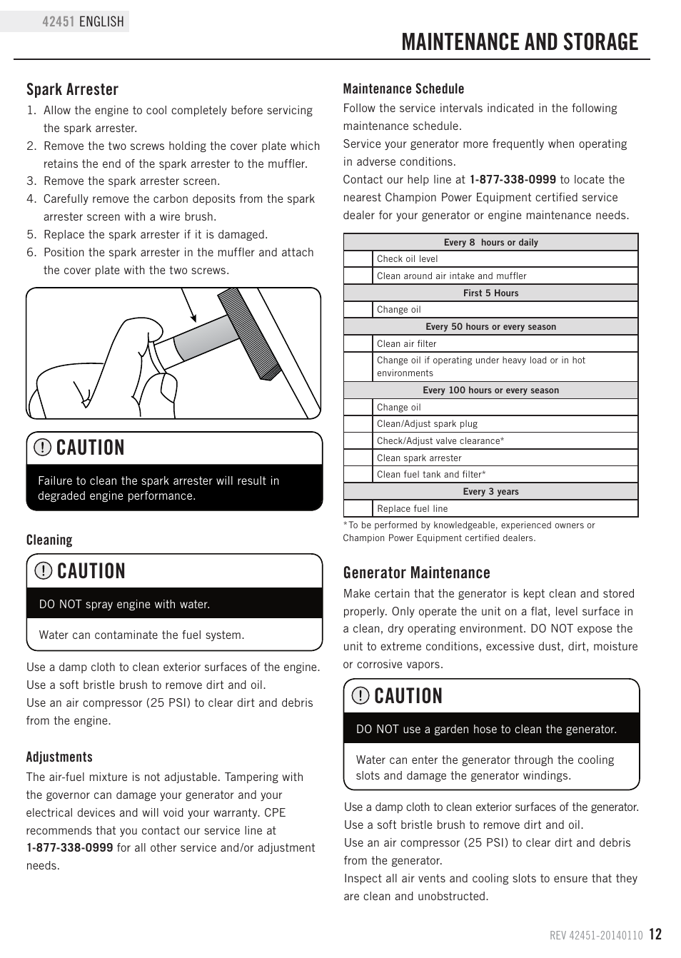 Maintenance and storage, Caution, Generator maintenance | Spark arrester | Champion Power Equipment 42451 User Manual | Page 15 / 27