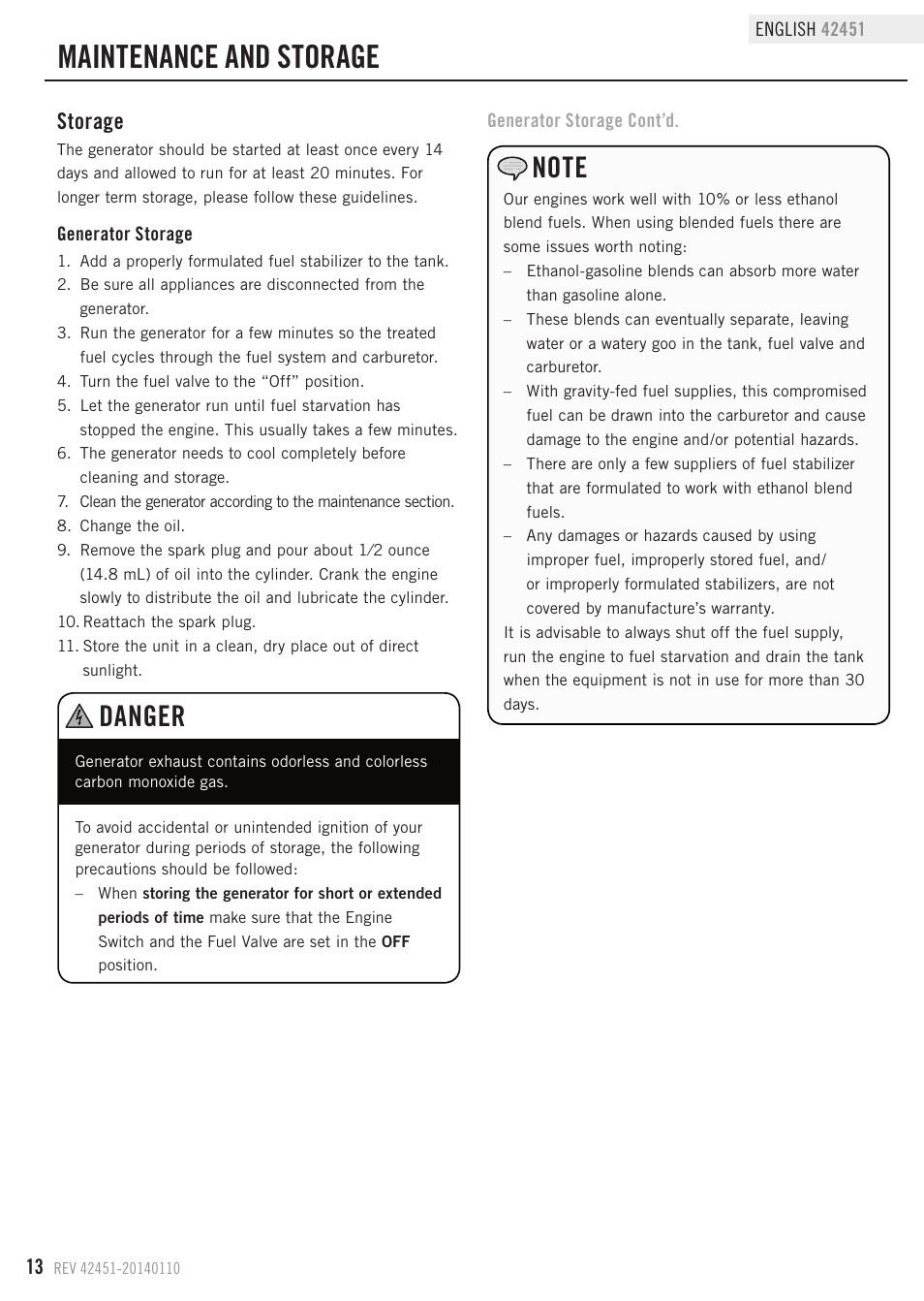 Maintenance and storage, Danger, Storage | Champion Power Equipment 42451 User Manual | Page 16 / 27