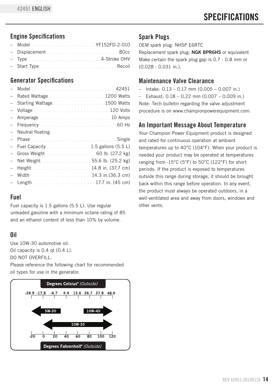 Specifications, Generator specifications, Fuel | Maintenance valve clearance, Engine specifications, Spark plugs, An important message about temperature | Champion Power Equipment 42451 User Manual | Page 17 / 27