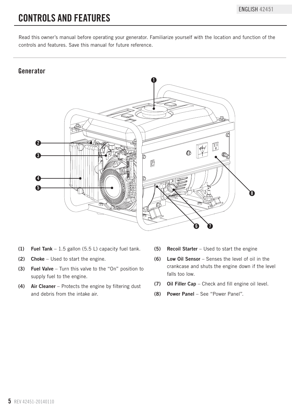 Controls and features, Generator | Champion Power Equipment 42451 User Manual | Page 8 / 27