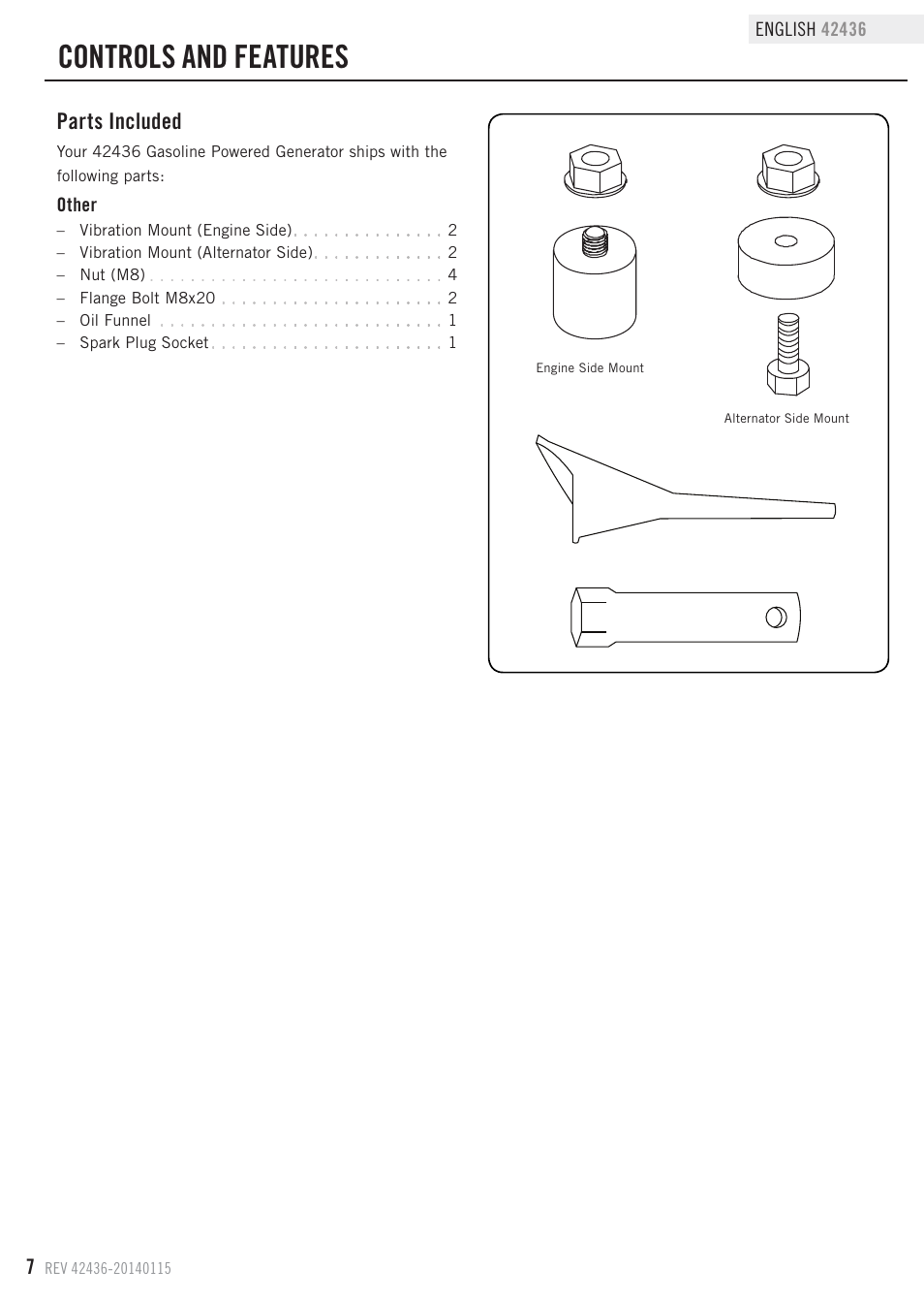 Controls and features, Parts included | Champion Power Equipment 42436 User Manual | Page 10 / 28