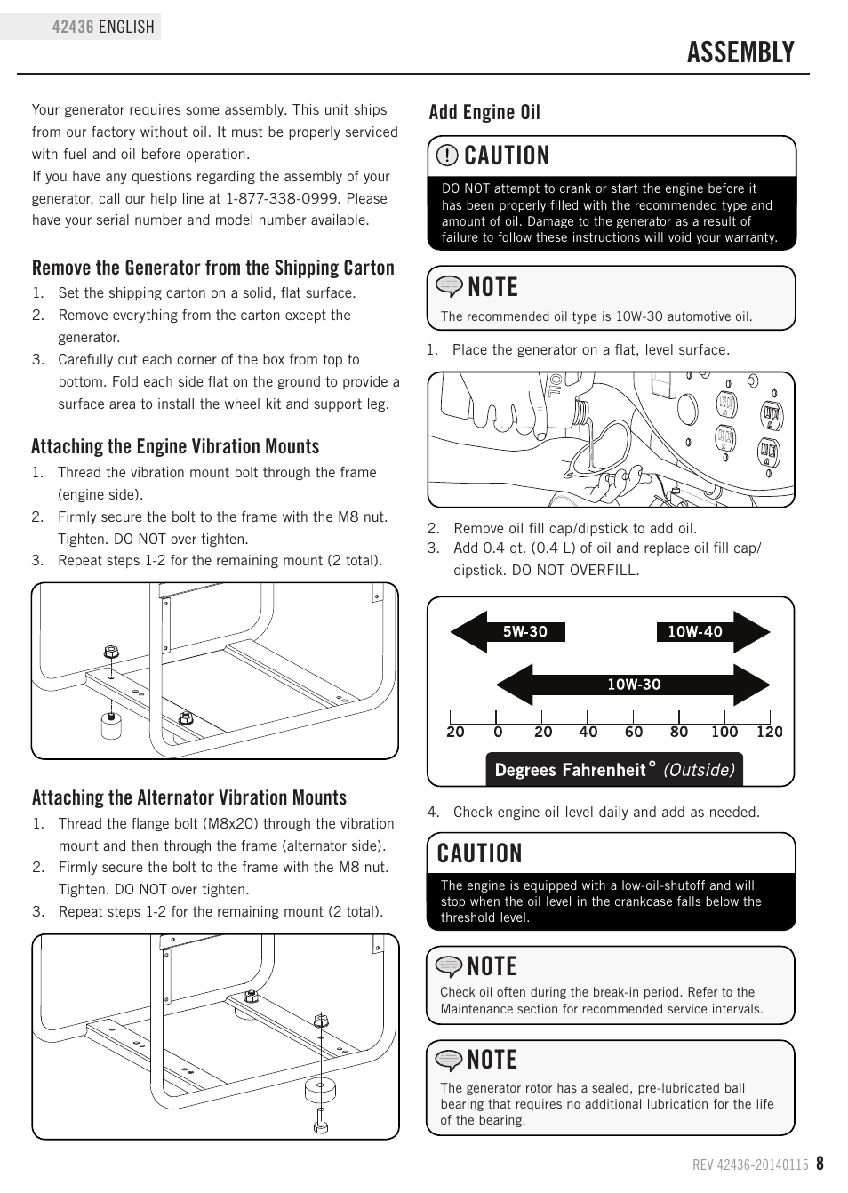 Assembly, Caution, Remove the generator from the shipping carton | Add engine oil, Attaching the engine vibration mounts, Attaching the alternator vibration mounts | Champion Power Equipment 42436 User Manual | Page 11 / 28