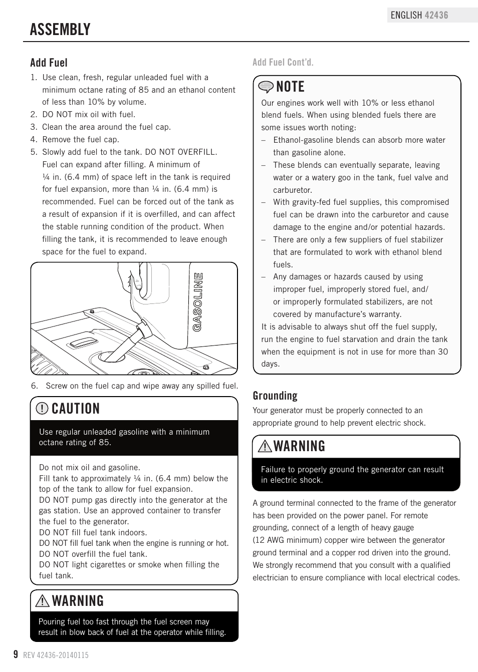 Assembly, Warning, Caution | Grounding, Add fuel | Champion Power Equipment 42436 User Manual | Page 12 / 28