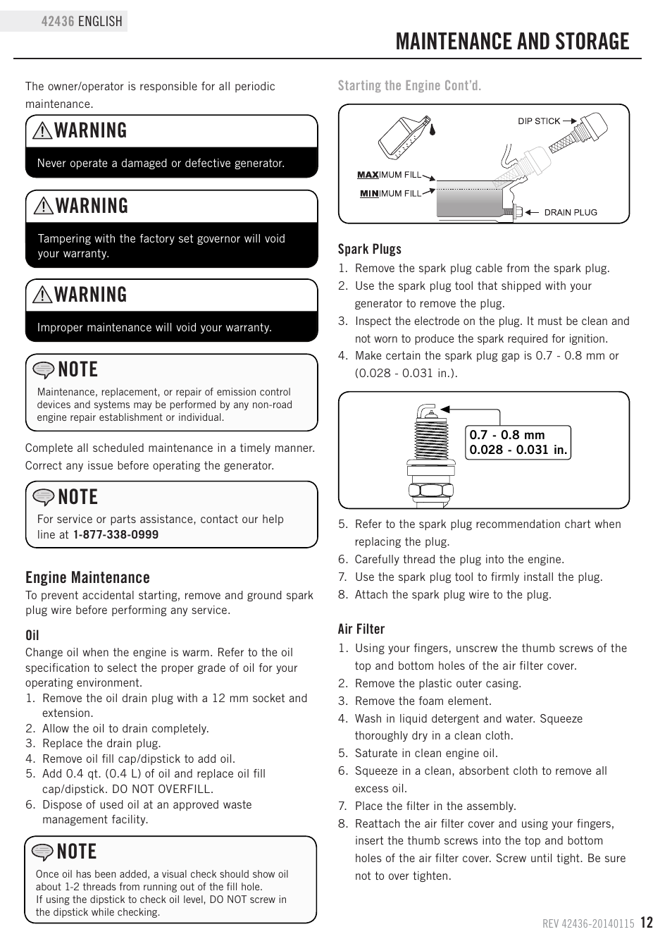 Maintenance and storage, Warning, Engine maintenance | Champion Power Equipment 42436 User Manual | Page 15 / 28