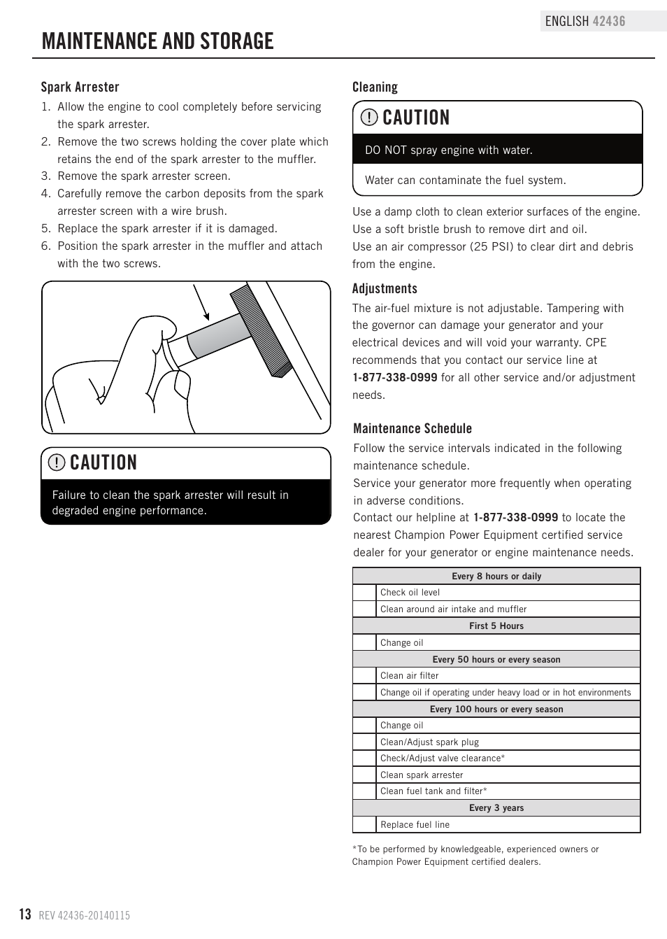 Maintenance and storage, Caution | Champion Power Equipment 42436 User Manual | Page 16 / 28