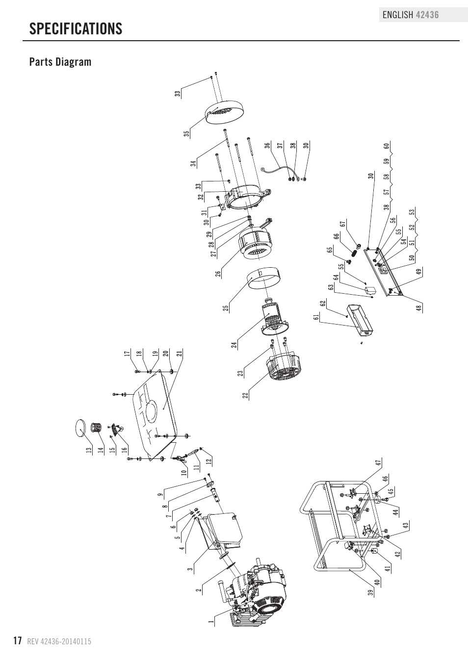 Specifications, Parts diagram | Champion Power Equipment 42436 User Manual | Page 20 / 28