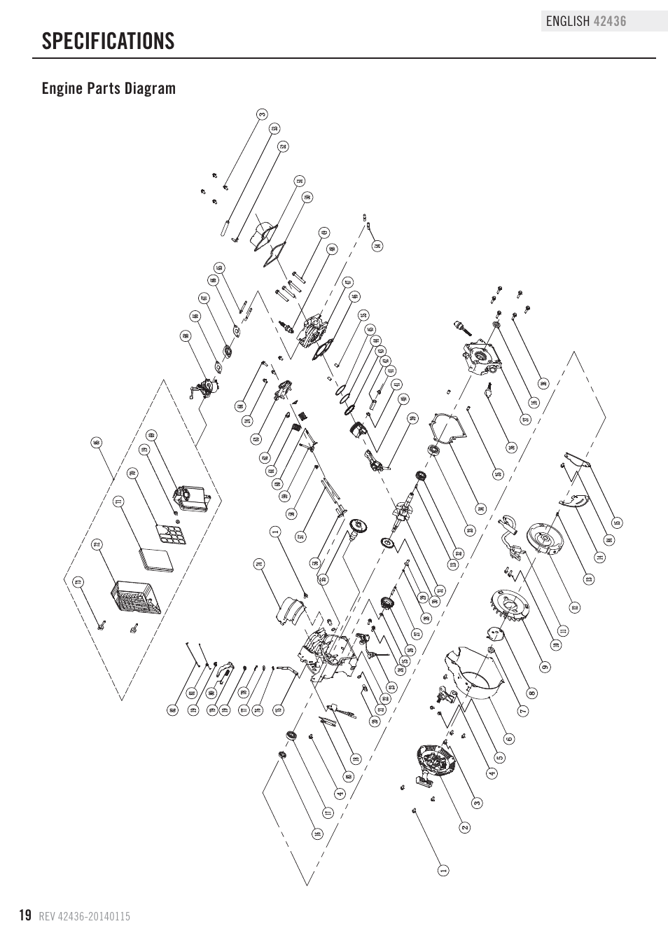 Specifications, Engine parts diagram | Champion Power Equipment 42436 User Manual | Page 22 / 28