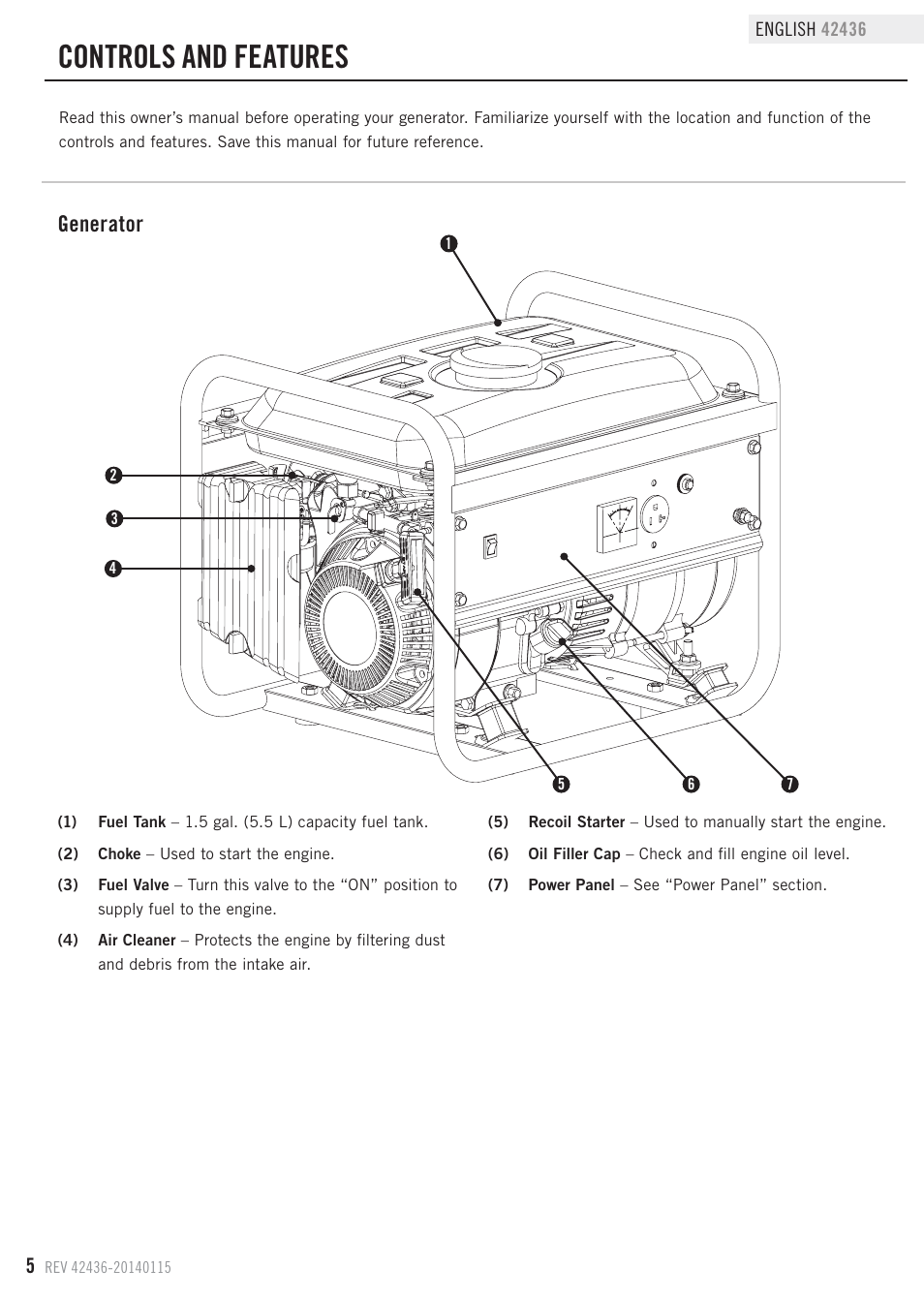 Controls and features, Generator | Champion Power Equipment 42436 User Manual | Page 8 / 28