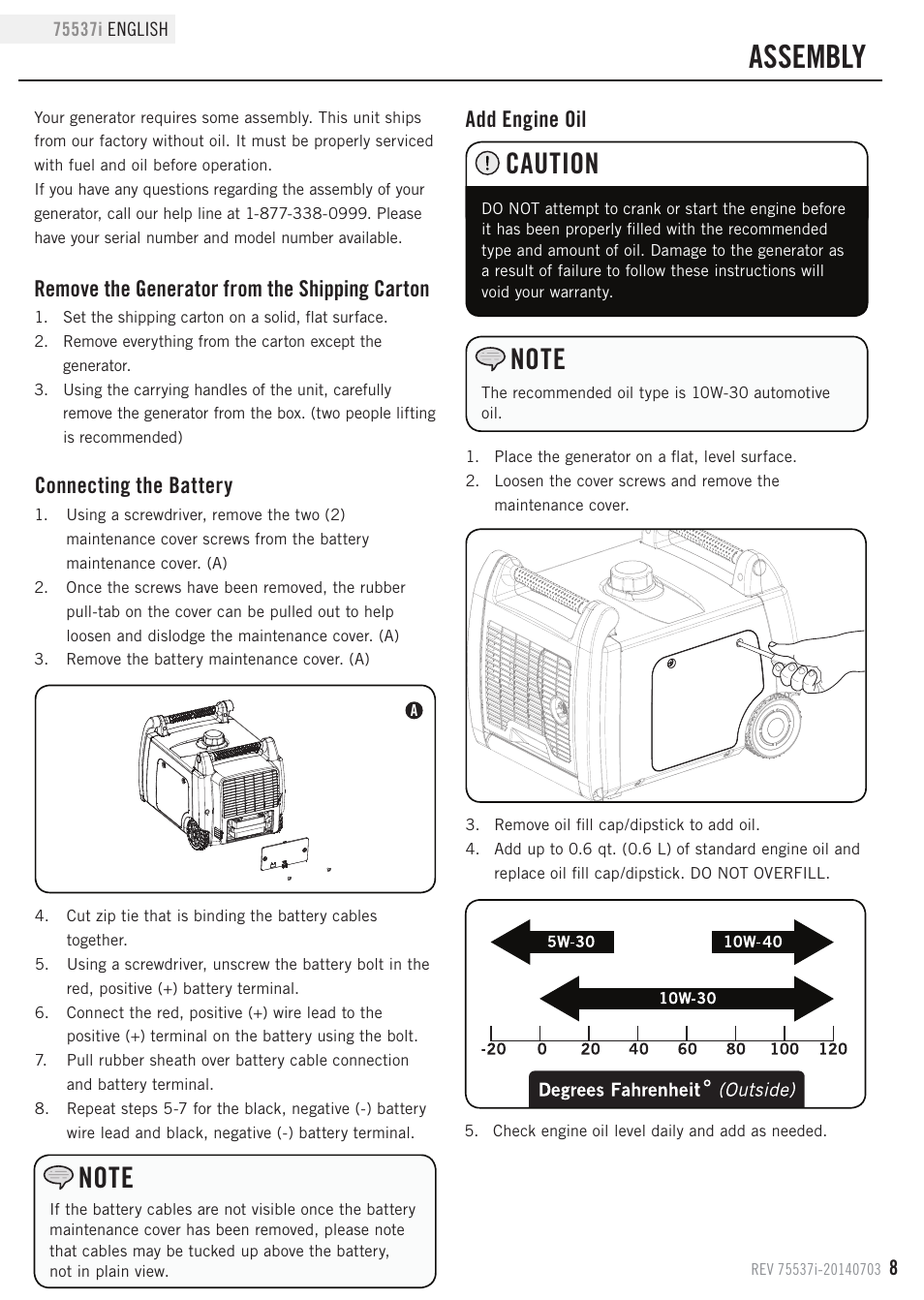 Assembly, Caution, Remove the generator from the shipping carton | Add engine oil connecting the battery | Champion Power Equipment 75537i User Manual | Page 11 / 33