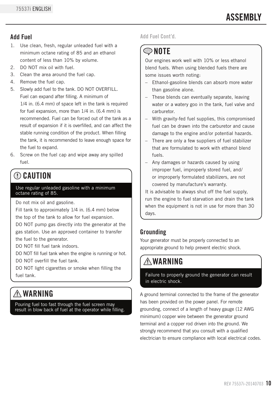 Assembly, Warning, Caution | Grounding, Add fuel | Champion Power Equipment 75537i User Manual | Page 13 / 33