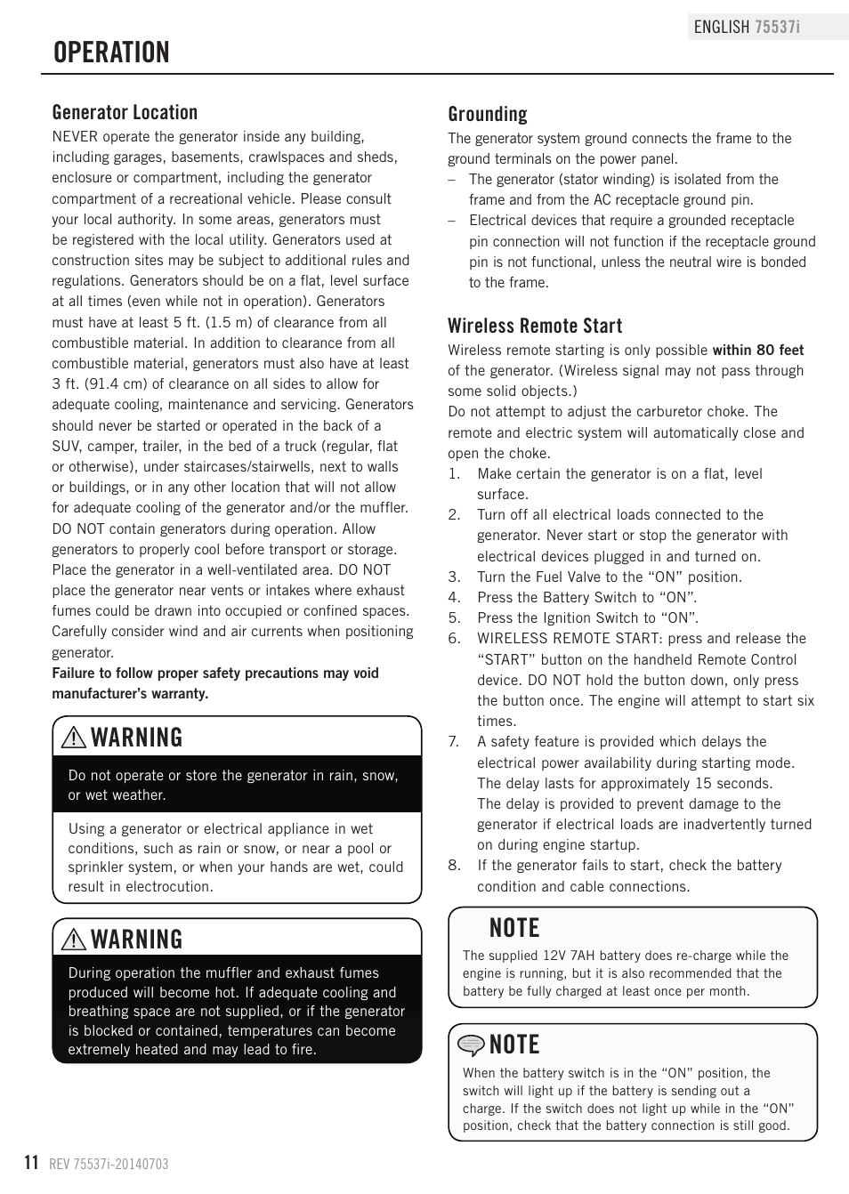 Operation, Warning, Generator location | Grounding, Wireless remote start | Champion Power Equipment 75537i User Manual | Page 14 / 33