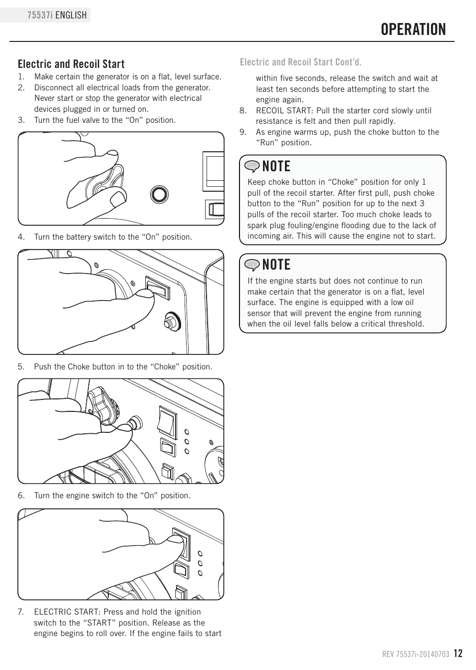 Operation, Electric and recoil start | Champion Power Equipment 75537i User Manual | Page 15 / 33