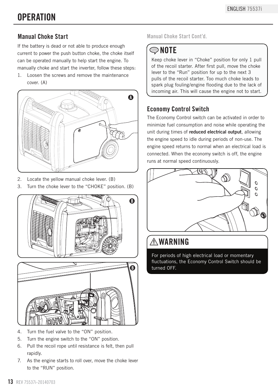 Operation, Warning, Economy control switch | Manual choke start | Champion Power Equipment 75537i User Manual | Page 16 / 33