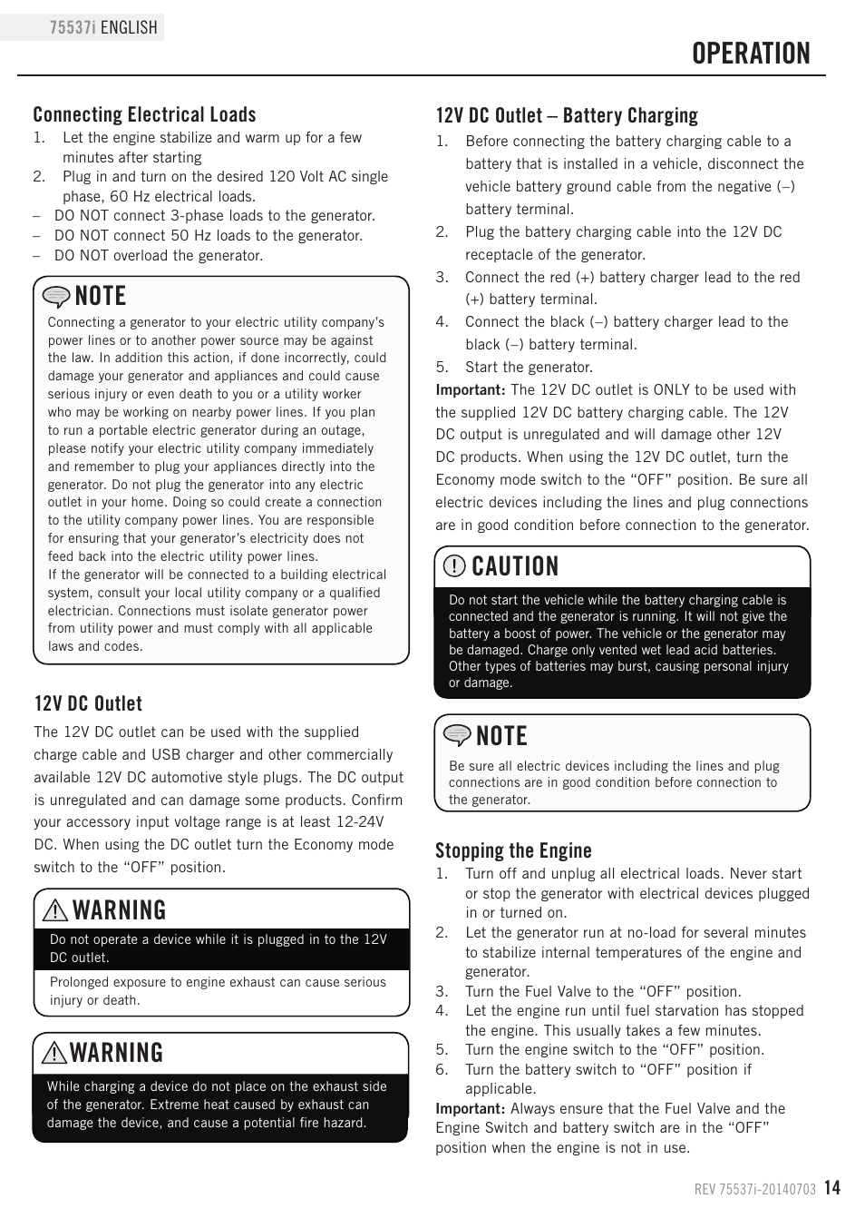 Operation, Caution, Warning | Stopping the engine, Connecting electrical loads, 12v dc outlet, 12v dc outlet – battery charging | Champion Power Equipment 75537i User Manual | Page 17 / 33