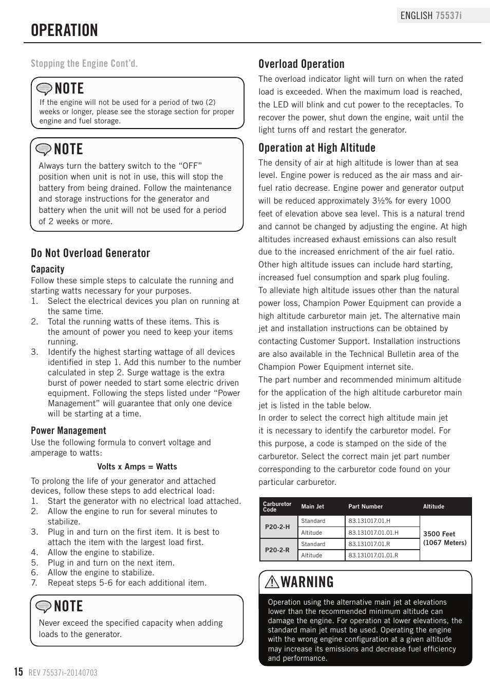 Operation, Warning, Do not overload generator | Overload operation, Operation at high altitude | Champion Power Equipment 75537i User Manual | Page 18 / 33