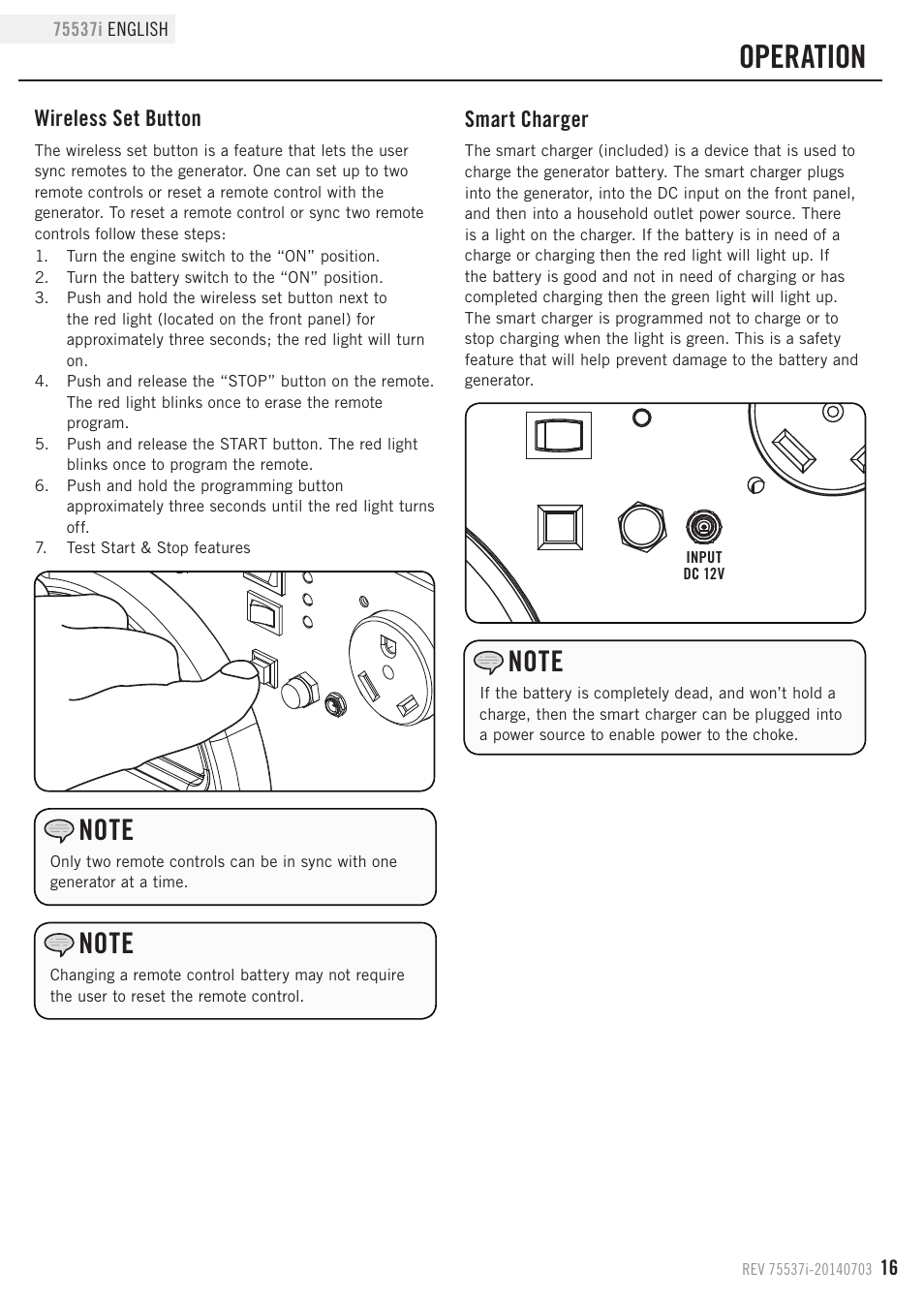 Operation, Wireless set button, Smart charger | Champion Power Equipment 75537i User Manual | Page 19 / 33