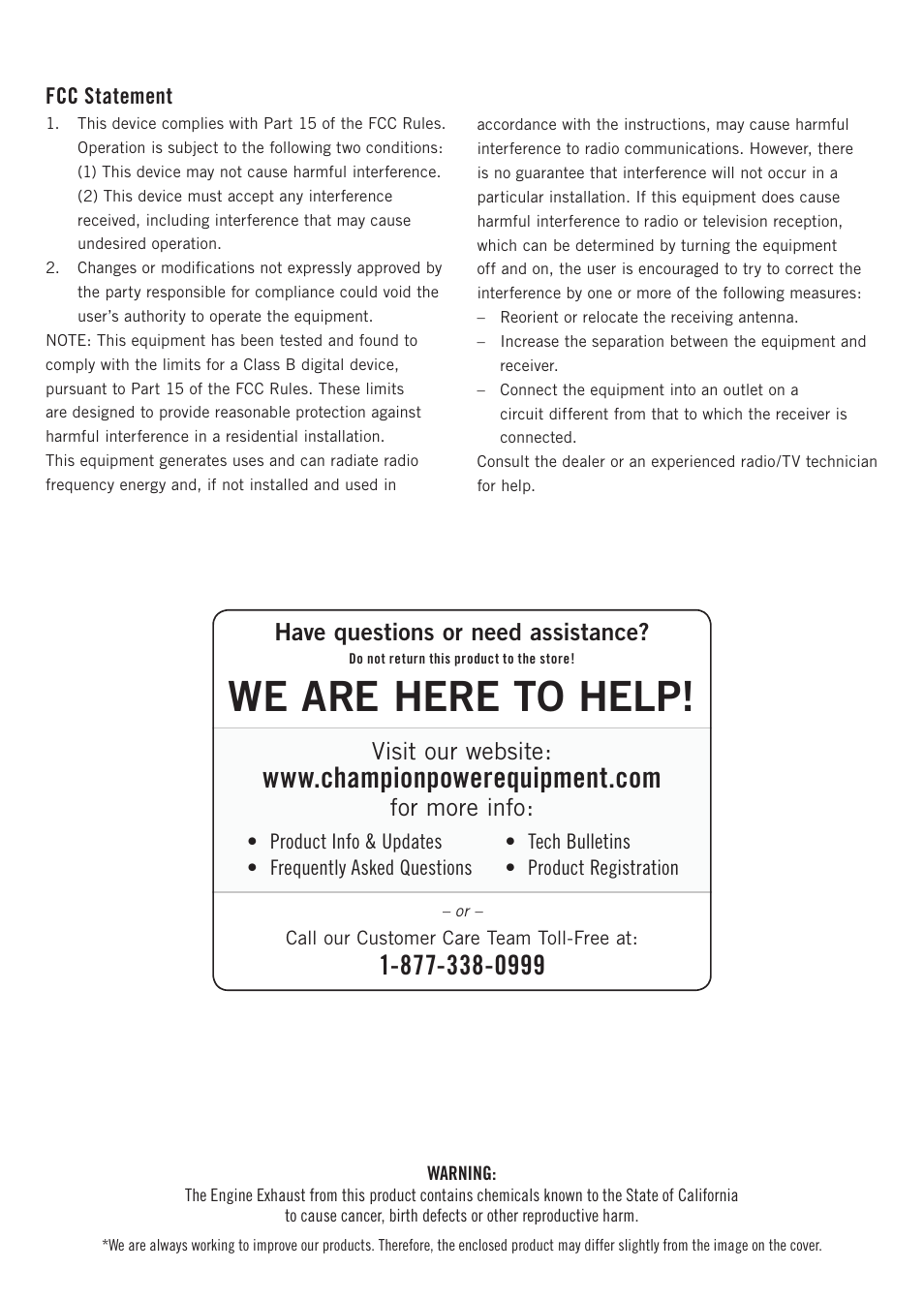 We are here to help, Have questions or need assistance, Visit our website | For more info, Fcc statement | Champion Power Equipment 75537i User Manual | Page 2 / 33