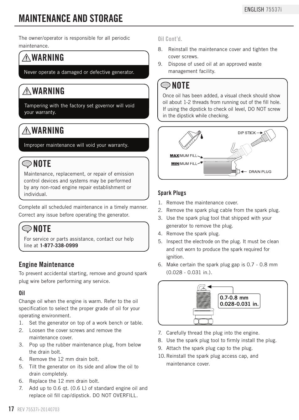 Maintenance and storage, Warning, Engine maintenance | Champion Power Equipment 75537i User Manual | Page 20 / 33