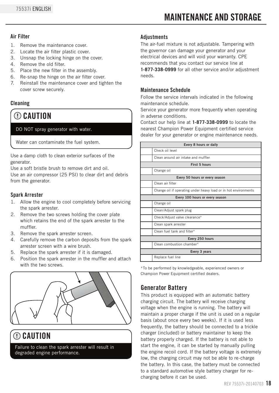 Maintenance and storage, Caution, Generator battery | Champion Power Equipment 75537i User Manual | Page 21 / 33